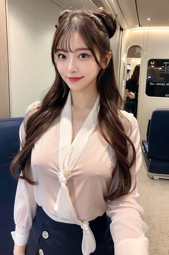 (masterpiece:1.3), High resolution, Super detailed, Highly detailed CG Unity 8K wallpaper, realistic, photo-realistic, RAW photo, beautiful detailed face, white skin, realistic skin, fine cloth texture, detailed hair texture, perfect proportions, beautiful face, Accurate, anatomically correct, Highly detailed face and skin texture, natural neck length, (beautiful hands), (Fair skin:1.2), thin legs, thin legs, sexy thighs, break, fine eyes, symmetrical eyes, light brown eyes, double eyelid, thin eyebrows, (glossy lips:1.4), (goddess smile:1.2), break, (classy and cute girl:1.3), (Wearing a long shirt with buttons, High Waist Navy Skirt), (Wearing a light pink neck knot sheer scarf:1.2), (close button:1.1) (medium to large breasts), (slender body shape), (beautiful curves), (dark brown hair, wavy hair), ((tie hair、all back、bun hair)), (upper body shot:1.2), (looking at the viewer:1.2), From before, break, cabin attendant, (Stand in the wide aisles of first class),(Private cabin: 1.2),