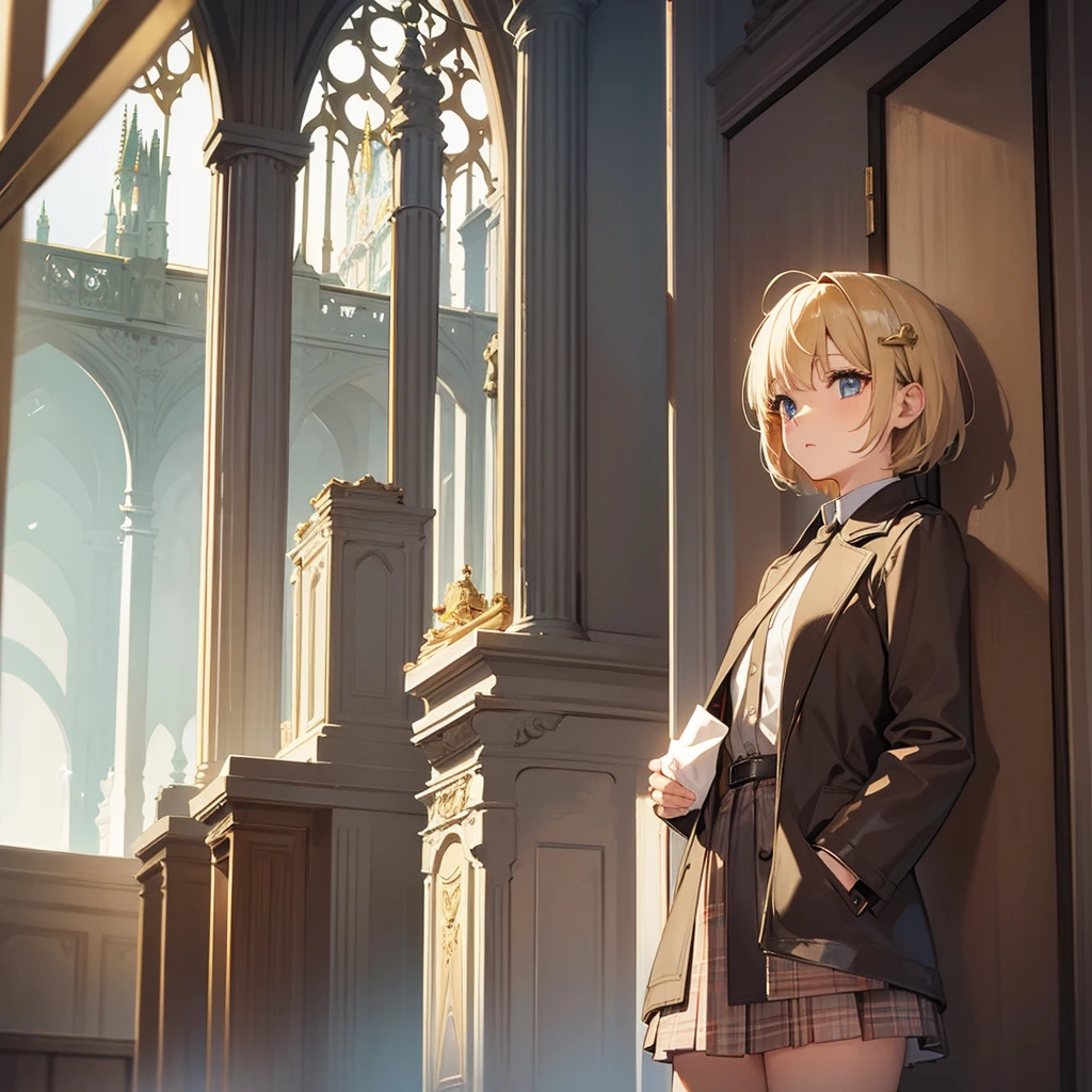 Masterpiece, solo, 1girl, overcoat, hair ornament, short skirt, short blonde hair, neuschwanstein castle