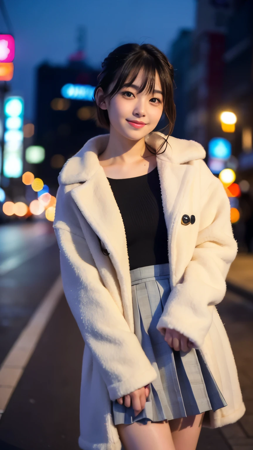 Best-quality, Masterpiece, Ultra-High-Resolution, (Photorealistic:1.4), Raw-Photo, Late at night, In the middle of winter, At Hiroshima's entertainment distric, 1girl, 15-year-old girl, the most famous Japanese idol, (wearing expensive-coat and pleated skirt, extremely beautiful black-short-cut-haired, extremely cute face like the most popular Japanese idol, ((extremely beautiful big-black-eyes)), extremely beautiful lips, extremely beautiful skins, extremely beautiful long-eyelashes, skinny-body, extremely beautiful thighs, looking at viewer, innocent smile, detailed Hiroshima's-entertainment-district