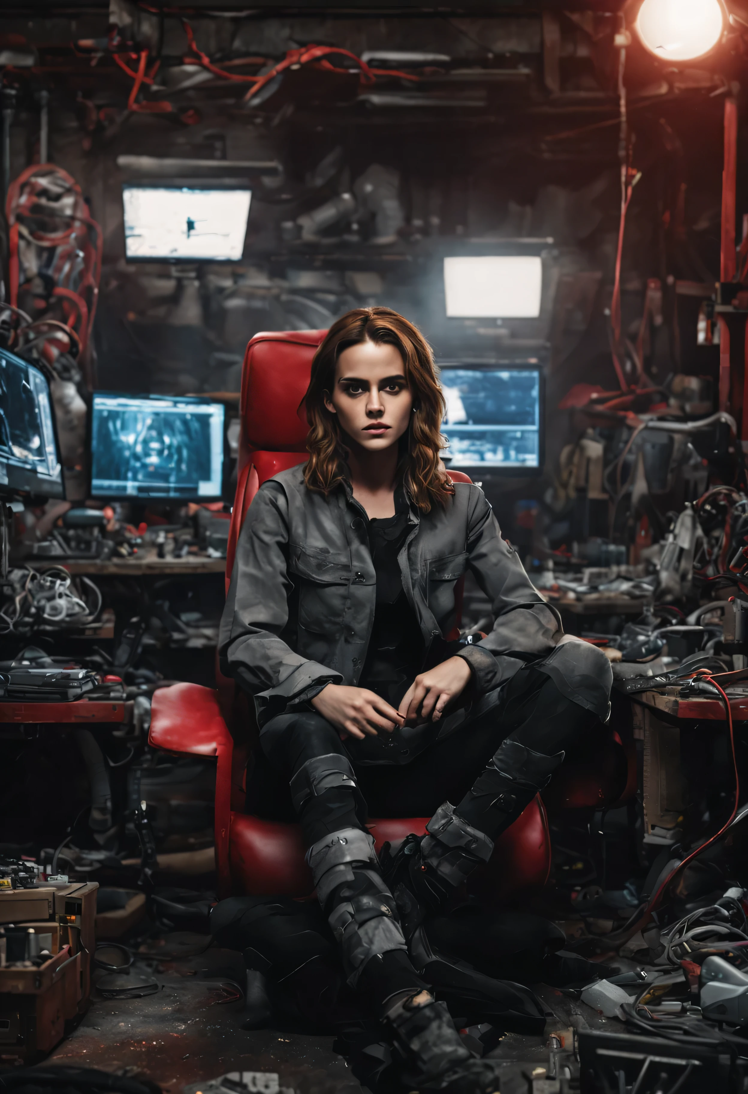 Emma Watson sitzt auf einem roten Sessel, dem Betrachter zugewandt, in an apocalyptic wasteland setting, zerrissene dunkelgraue Lederkleidung, offenes Hemd, detailliertes Gesicht, Dreamy look, smiling slightly, Beine gespreizt, sehr kurze dunkle getragene Socken, Elektronische Laborwerkzeuge auf einer Werkbank und herumliegende Computerteile, Screens show dark user interfaces, LEDs on several devices illuminate the room and indicate activity