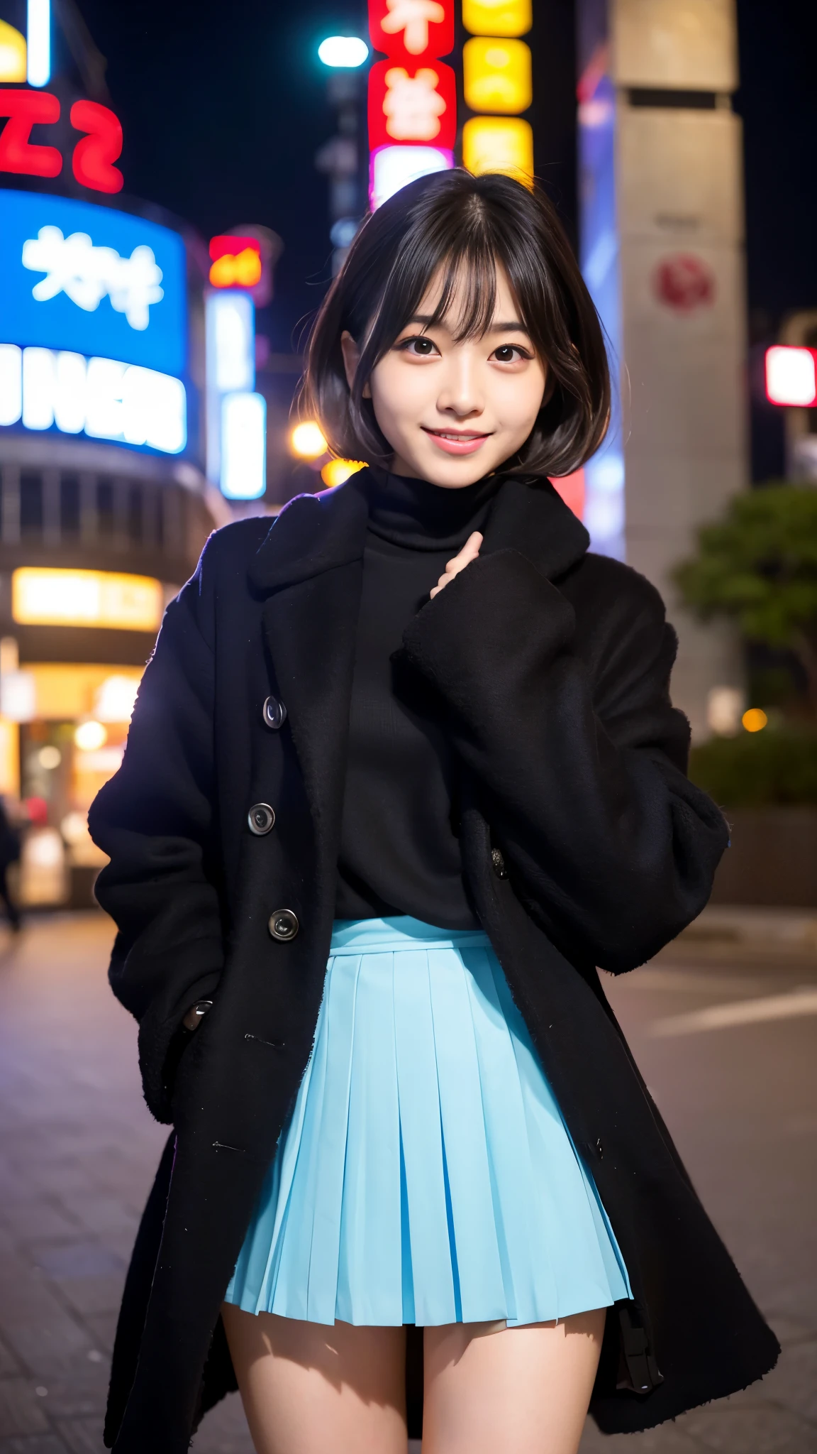 Best-quality, Masterpiece, Ultra-High-Resolution, (Photorealistic:1.4), Raw-Photo, Late at night, In the middle of winter, At Hiroshima's entertainment distric, 1girl, 15-year-old girl, the most famous Japanese idol, (wearing expensive-coat and pleated skirt, extremely beautiful black-short-cut-haired, extremely cute face like the most popular Japanese idol, ((extremely beautiful big-black-eyes)), extremely beautiful lips, extremely beautiful skins, extremely beautiful long-eyelashes, skinny-body, extremely beautiful thighs, looking at viewer, innocent smile, detailed Hiroshima's-entertainment-district