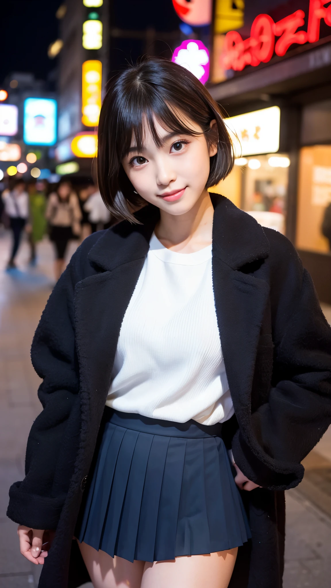 Best-quality, Masterpiece, Ultra-High-Resolution, (Photorealistic:1.4), Raw-Photo, Late at night, In the middle of winter, At Hiroshima's entertainment distric, 1girl, , the most famous Japanese idol, (wearing expensive-coat and pleated skirt, extremely beautiful black-short-cut-haired, extremely cute face like the most popular Japanese idol, ((extremely beautiful big-black-eyes)), extremely beautiful lips, extremely beautiful skins, extremely beautiful long-eyelashes, skinny-body, extremely beautiful thighs, looking at viewer, innocent smile, detailed Hiroshima's-entertainment-district