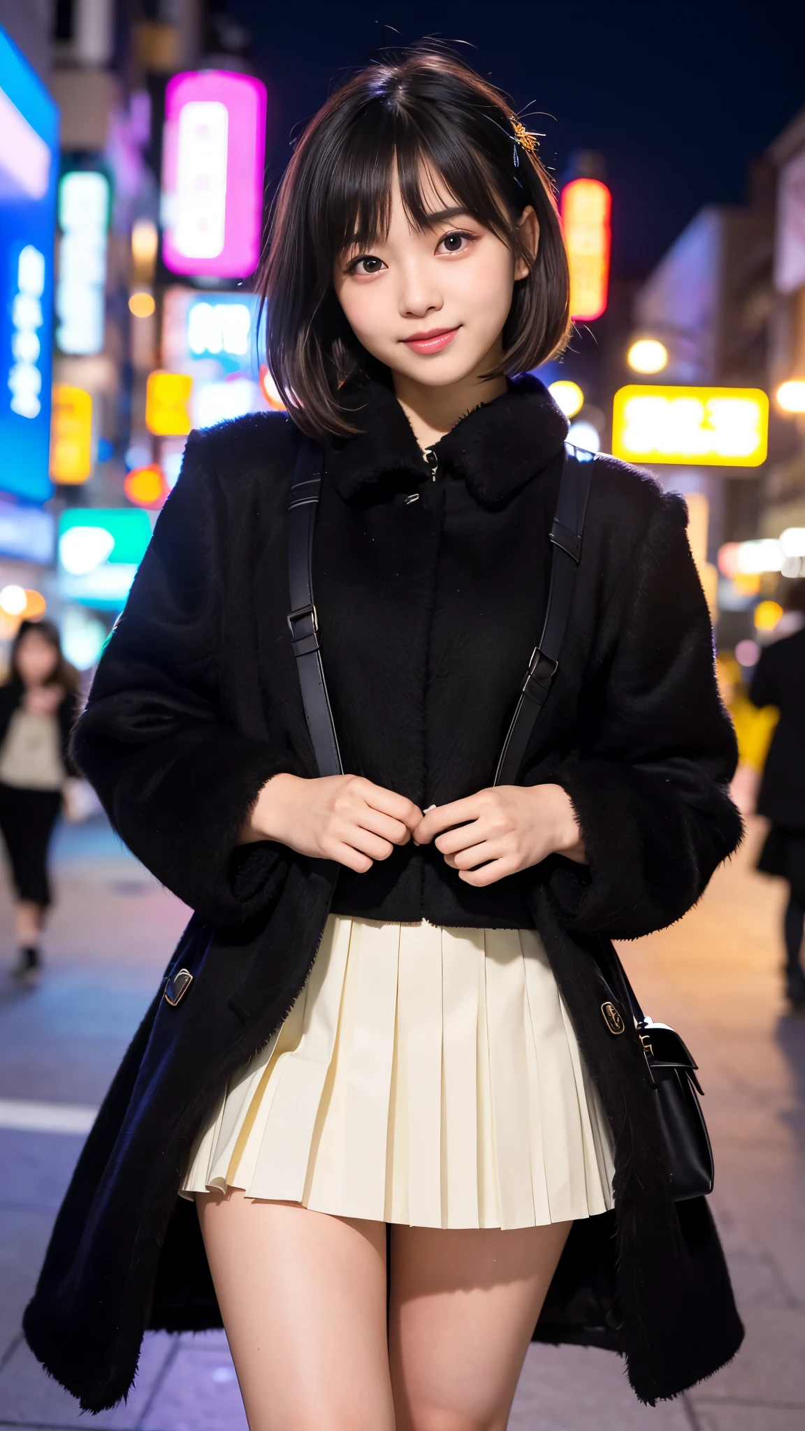 Best-quality, Masterpiece, Ultra-High-Resolution, (Photorealistic:1.4), Raw-Photo, Late at night, In the middle of winter, At Hiroshima's entertainment distric, 1girl, 15-year-old girl, the most famous Japanese idol, (wearing expensive-coat and pleated skirt, extremely beautiful black-short-cut-haired, extremely cute face like the most popular Japanese idol, ((extremely beautiful big-black-eyes)), extremely beautiful lips, extremely beautiful skins, extremely beautiful long-eyelashes, skinny-body, extremely beautiful thighs, looking at viewer, innocent smile, detailed Hiroshima's-entertainment-district