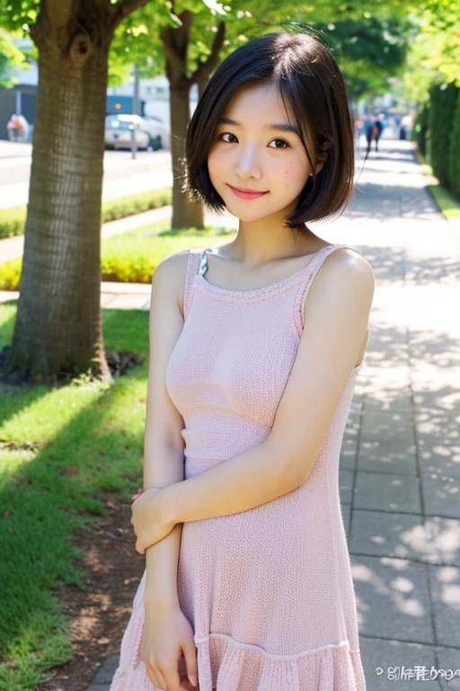 (((hight resolution)))、ultra-detailliert、(((masterpiece)))、Beautiful shadow expression、(((1femele)))、She is my childhood friend、(((Hairstyle short bob cut)))、I'm untying my hair、(((She is so beautiful)))、Smiling happily、The color of the hair on the head is brown、Eye color is brown、Her eyes are sparkling、Slightly slanted eye shape、girlfriend japan、Romper、huge smile, Dressed in pink and red、I'm wearing travel clothes、、I'm worried about people's eyes、Romper、Considering how much fun tonight will be、Cheeks turn red、Romper、The time is noon、The sky is a beautiful blue sky、There are white clouds、The season is spring、There is a cherry tree there、It's dazzling、