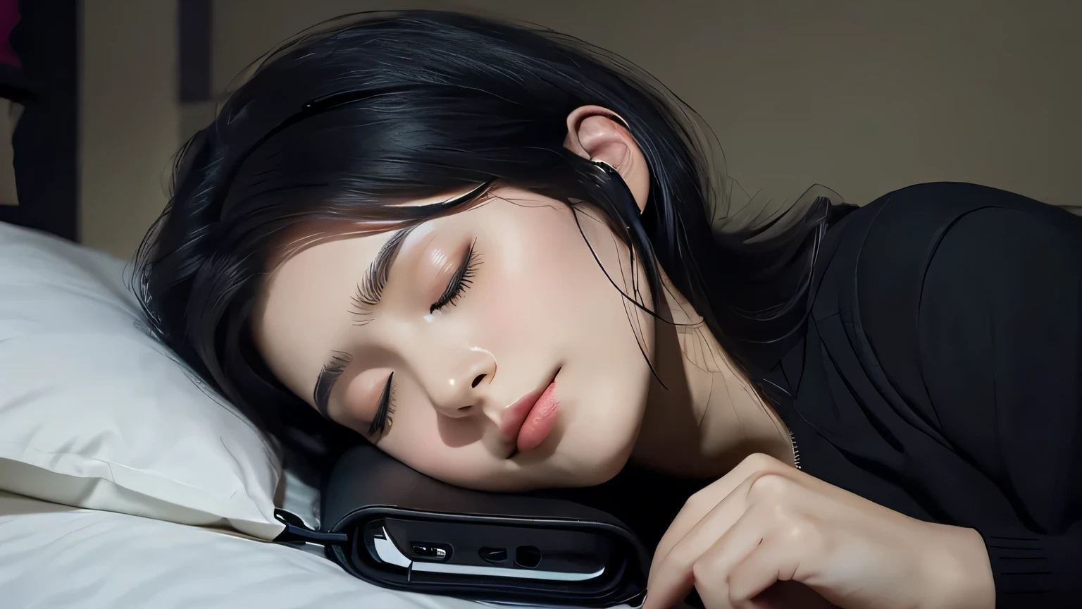 Illustration photo, details of a beautiful girl sleeping soundly on the bed in her bedroom, she is wearing black headphones, dark colors and dark style.