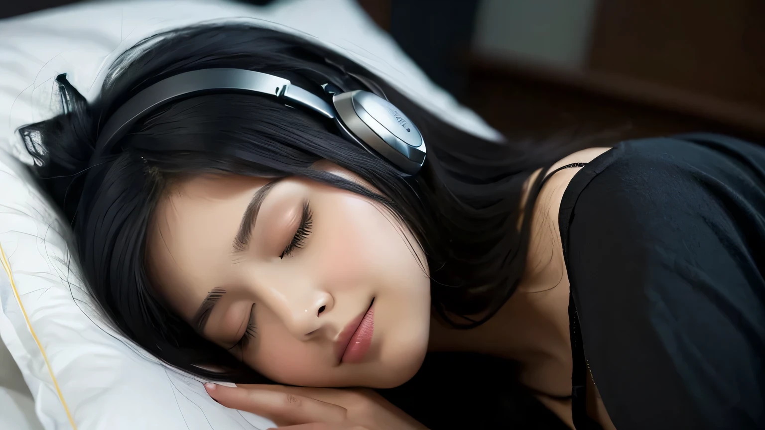 Illustration photo, details of a beautiful girl sleeping soundly on the bed in her bedroom, she is wearing black headphones, dark colors and dark style.