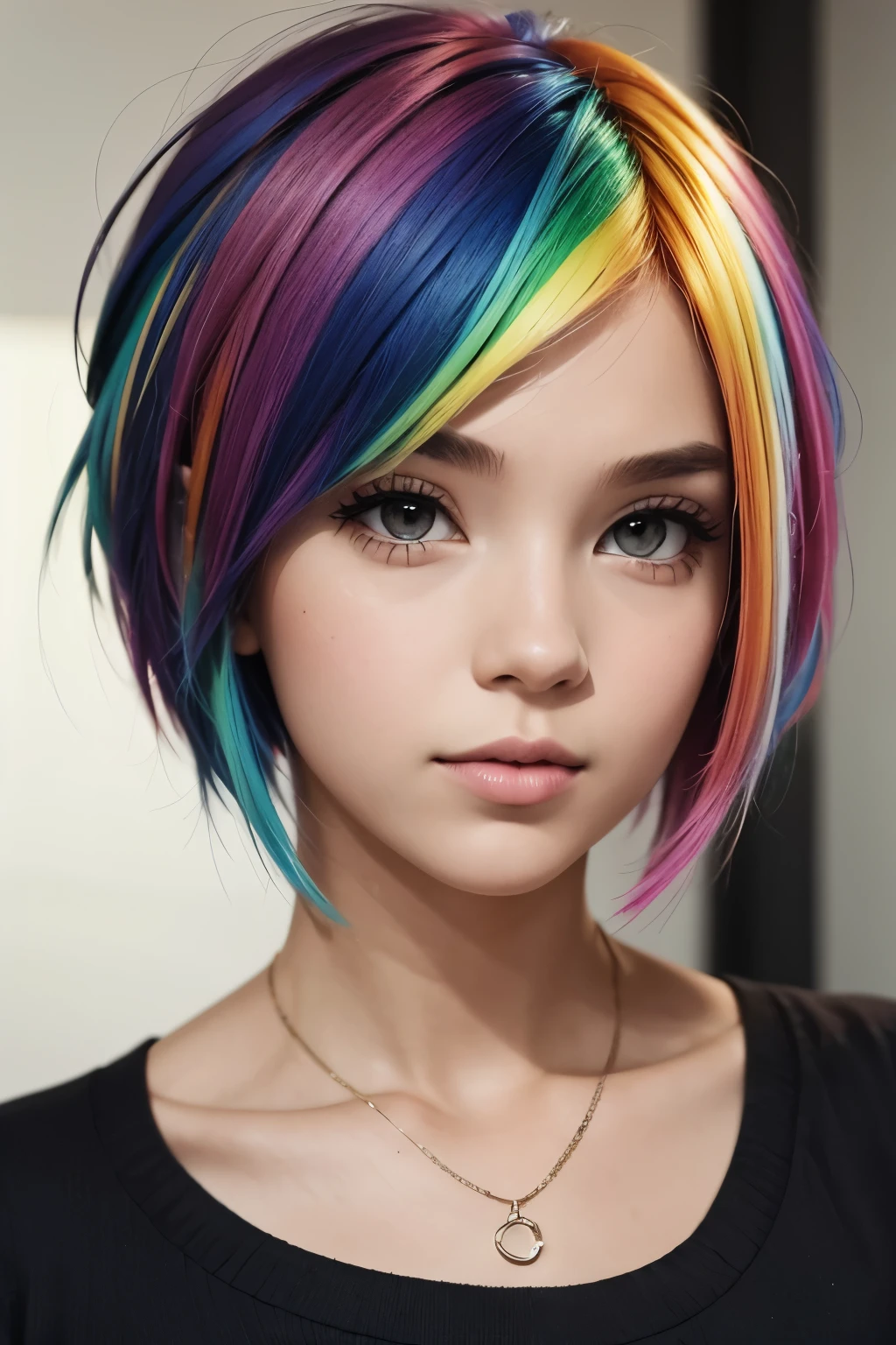 Girl with short, rainbow hair