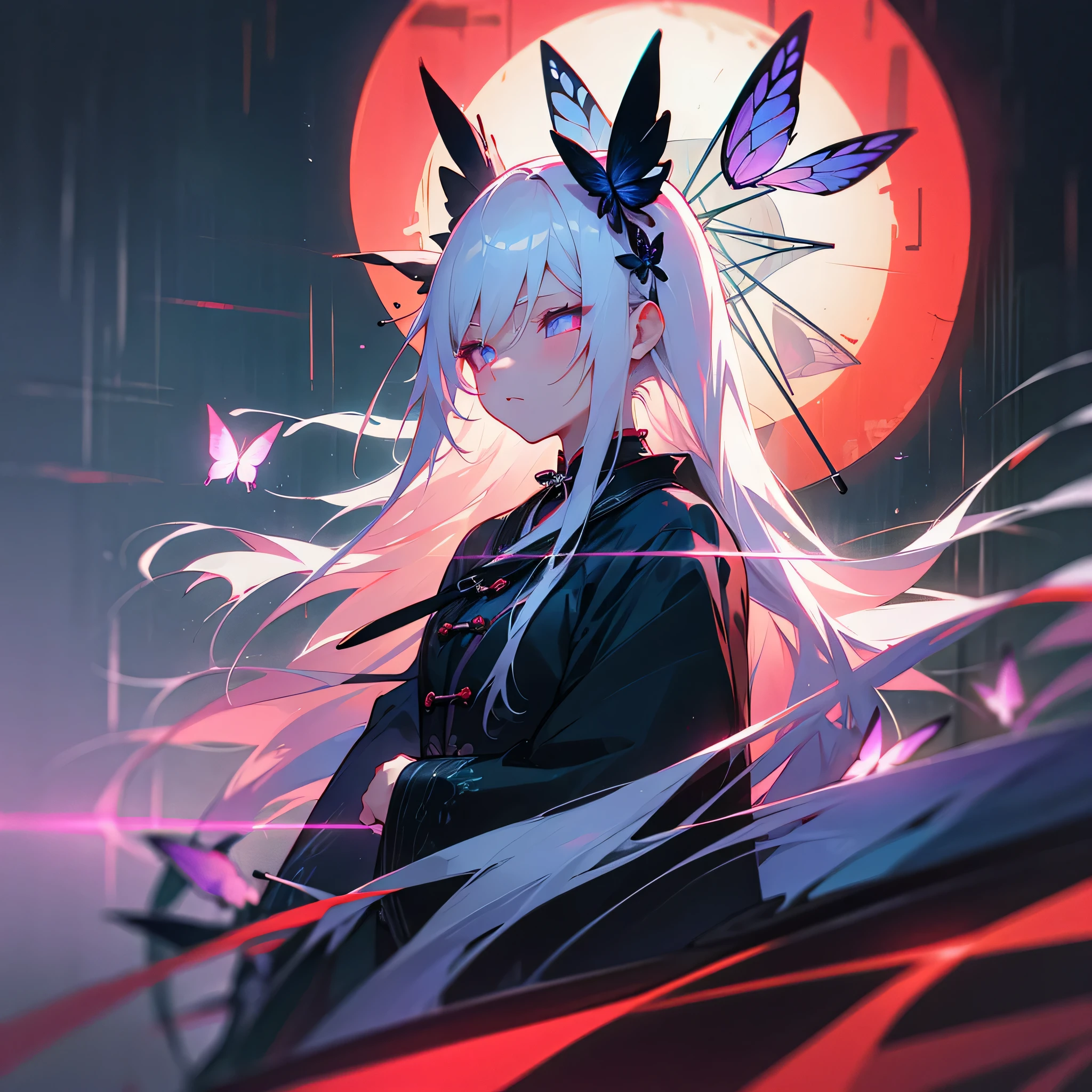 rainy night,neon lights,middle ring road,Chinese beautiful woman,white hair,empty eyes,butterfly hair accessories,Low tied long hair,mute,Canon,Focal length 35mm