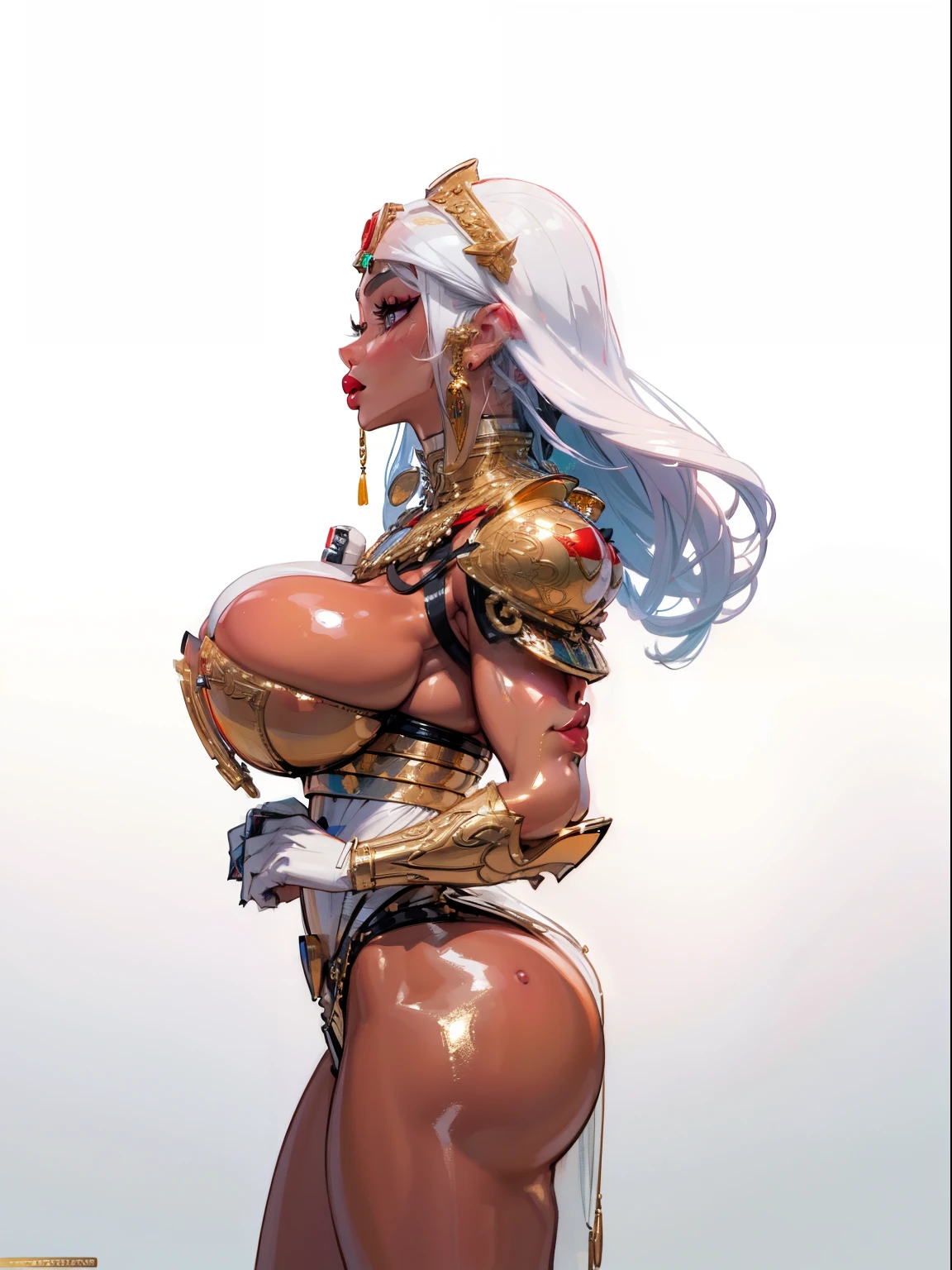 ((Side view:1.8)), ((masterpiece)),(((best quality))), ((futuristic empress, mature face, ((middle eastern eyes:1.4)), ((gold futuristic gown)), (((intricate futuristic breastplate))), defined cheekbones, ((jade cargill)), high cheekbones, intricate lingerie, bear aesthetic, beautiful model of Asia, illustration, muscular, ((future gold:1.4)), sexy bimbo, (gigantic breasts:1.7) red hair, ((detailed face:1.4)) beautiful woman, (Chinese:1.4) (white skin:1.4) , (red lipstick:1.4), shiny skin, ((skindentation)), scribbles and marks,(puffy lips:1.4) , (Shibuya Street at night: 1.5), (Shibuya Street at night: 1.5), rough sketches, pose, 8k,16k, ( background, white background: 1.3) ((warm color palette)), ((future model aesthetic))