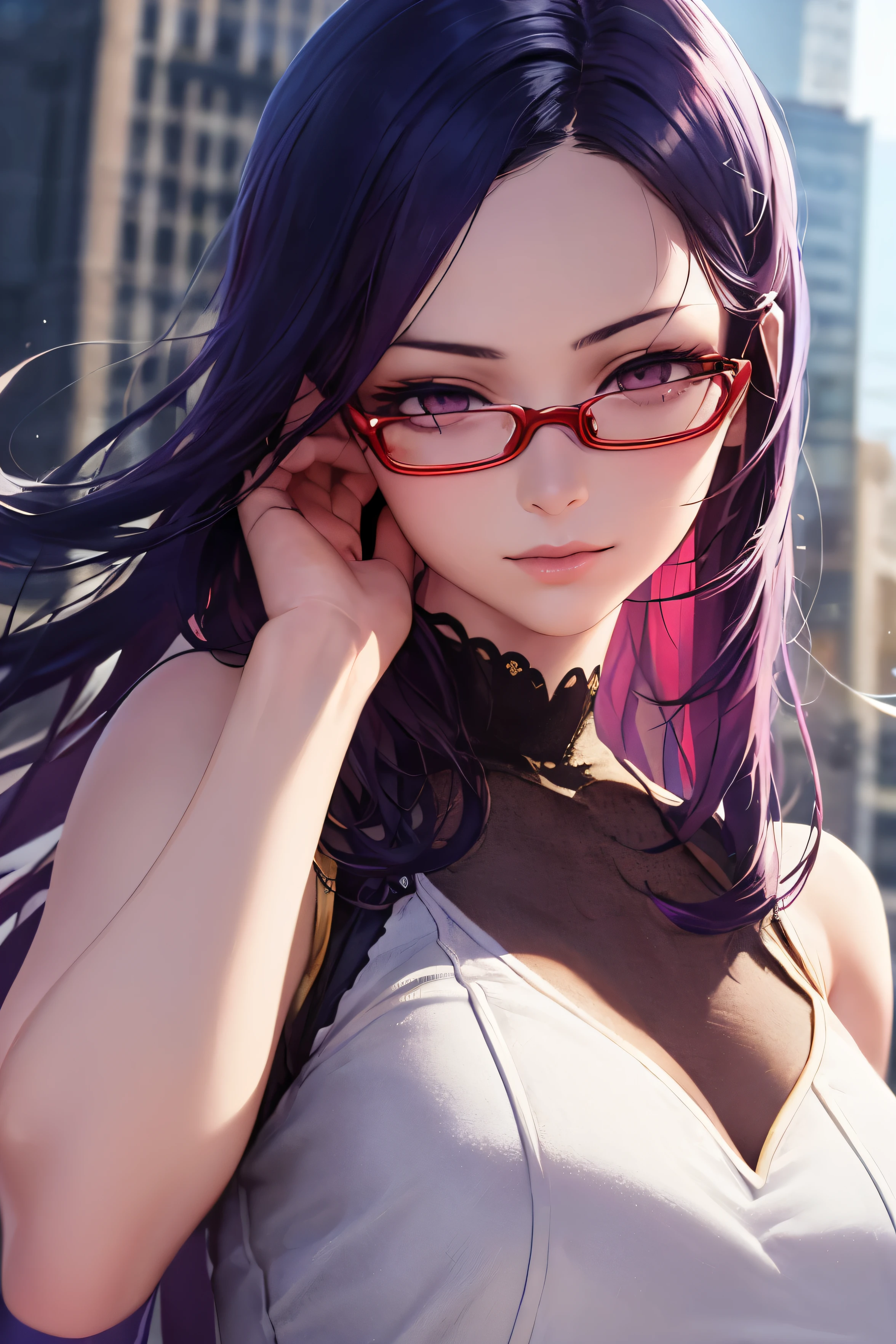 1girl, ((best quality)), ((masterpiece)), ((realistic)), (detailed), (perfect face), (Rize Kamishiro), sweet smile, bright purple hair, shoulder length hair, (forehead cover with bangs), bangs pointing to left side, red glasses, beautiful face, purple eyes, white long dress, elegant poses, dynamic angle, building background, portrait