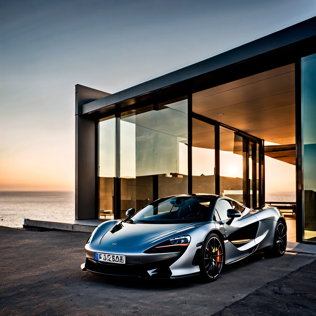 rembrandt light,best quality,extremely detailed,cinematic lighting,8k,realistic,award winning,photograph,low viewing angle,camera shooting,canon 85 1.2,aperture f4,8k,hdr,a mclaren 720s,stop next to the building,the background is the bright morning light by the sea,art award designed modern house,ultra-modern design,pritzker prize,master works,(car in reflection),