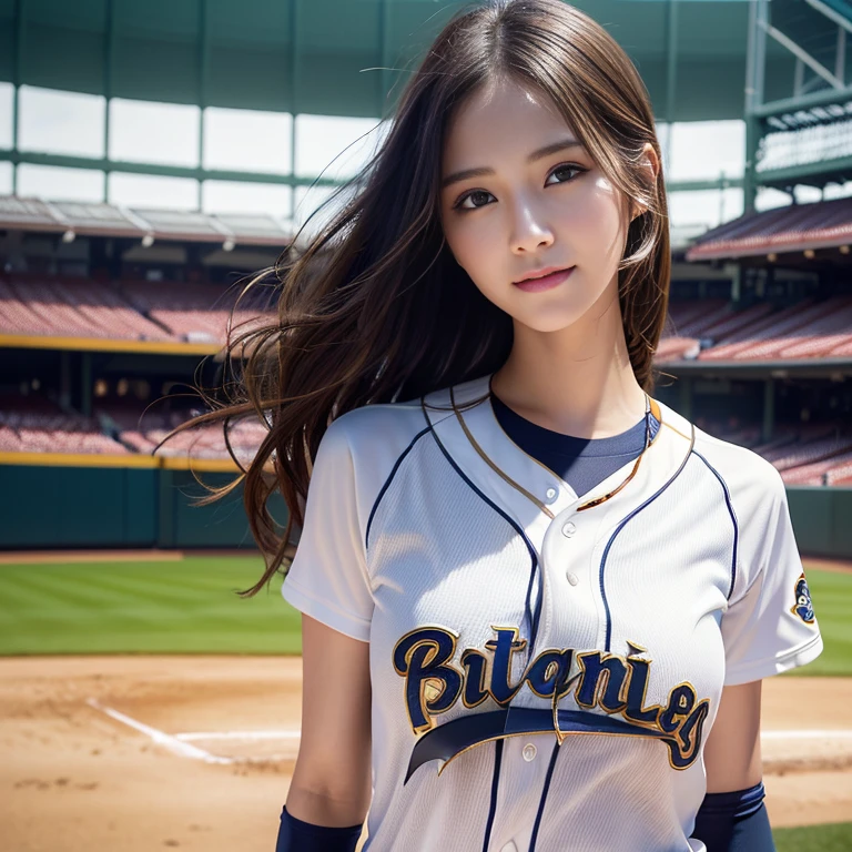 1 beautiful young girl, 非常にbeautiful detailsな顔, Pure smile, (slender body:1.2), (detailed face:1.2), conceptual art, high quality, realistic, very detailed CG 統合 8k 壁紙, very detailed, High resolution raw color photos, professional photography, realistic portrait, cinematic light, beautiful details, Super detailed, advanced details, Depth of bounds written, Super stylish lighting, (beautiful :1.2), smooth and flawless Skin, Expressive and seductive eyes, Well-defined facial features, perfectly proportioned face, Fine Details and realistic Textures,((((baseball Ground,stand,Upper body,Sexy Uniforms))))