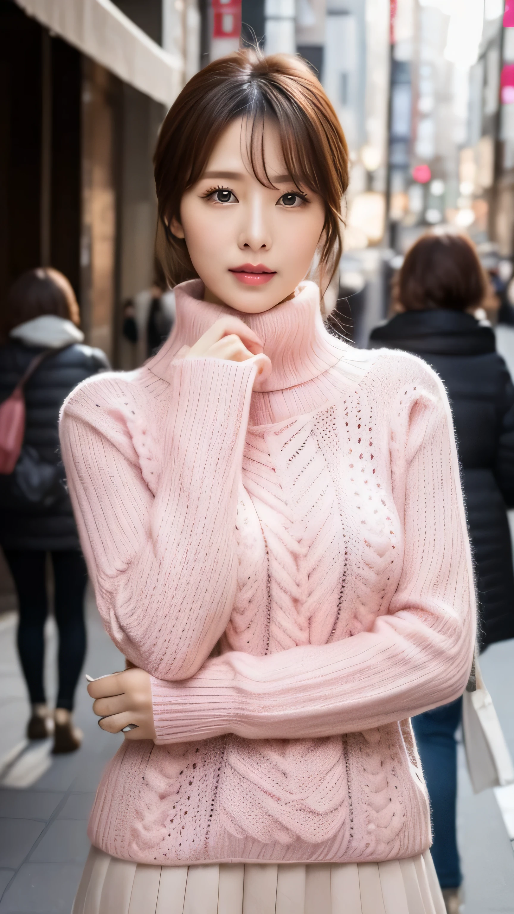 Married Woman's Face、30 years old、middle-aged women、pink turtleneck wool sweater、skirt、High quality、Super realistic、healthy、lonely look、Married woman's body shape、Japan Married Women、 perfect eyes、Shining beautiful skin、Shopping district