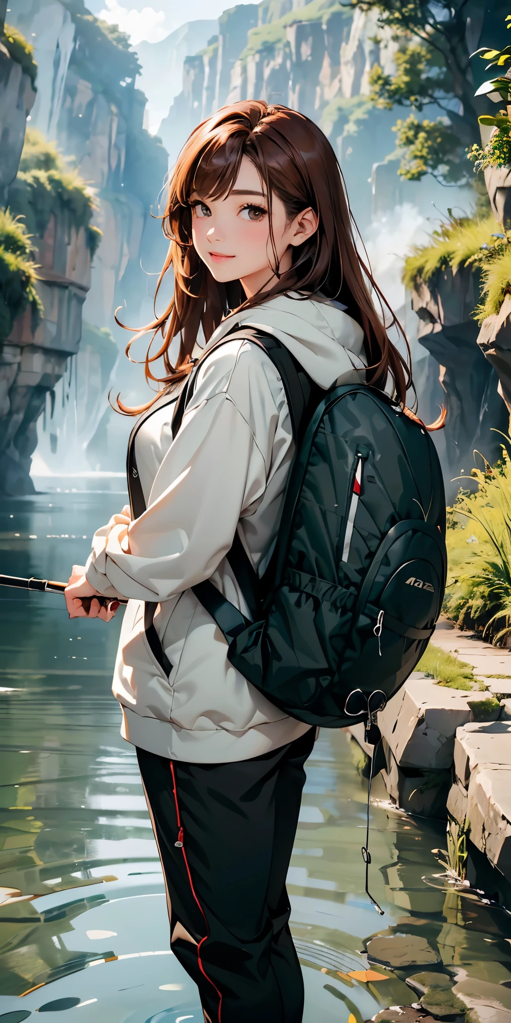 masterpiece、High resolution 8K、sharp focus、contrast lighting、ultra high resolution、ultra high resolution、Detailed CG、Low - Angle、full body shot、Beautiful woman、beautiful eyes、(detailed face and iace:1 2)、narrow eyes、almond eye、brown eyes、gradation eye、highlight:1.2)、(beautiful reddish brown hair、long hair、asymmetrical bangs、(plump lips、glossy lips、 size) 、(oval face : 1.4)、(thin fingered arms、detailed human hand)、川でWoman Fishing、Beautiful and wide river、Flowing waterfall、rock surface、moss、forest、Mont、blue sky、Flowing clouds、vapor、mist、full body pose、Holding a fishing rod in your hand、Fishing lure rod、Outdoor Vest、hoodie、Waders、Long pants for fishing、Big backpack)、Point the fishing rod toward the water surface with both hands.　I&#39;m ready、Have a long fishing rod、Hold the fishing rod facing the water surface、Woman Fishing、naughty smile、teeth visible、Angle from the front、Standing in the river