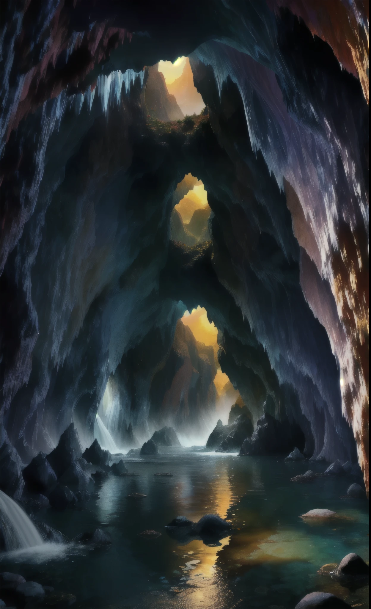 An underground world filled with various fruits,Waterfall pours from the top of the cave,Soft light illuminates the surroundings,The whole picture exudes a warm atmosphere with warm colors。