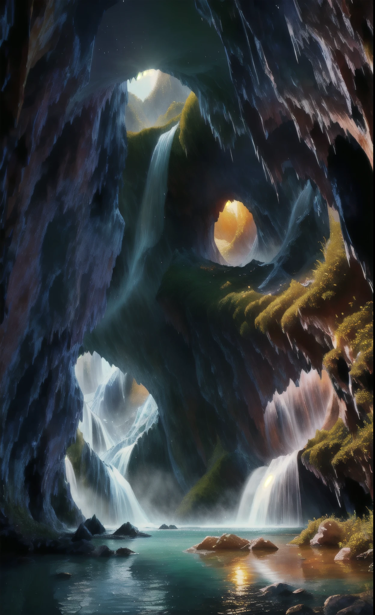 An underground world filled with various fruits,Waterfall pours from the top of the cave,Soft light illuminates the surroundings,The whole picture exudes a warm atmosphere with warm colors。
