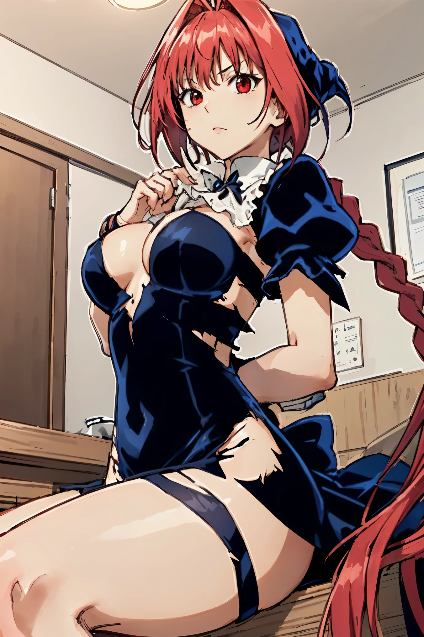 masterpiece, highest quality,High resolution,Dorothy, redhead,red eyes,Braid, One of the chest parts of the clothes is torn、Dirt smoke、black dress、Super detailed、manga、Both hands and feet are restrained