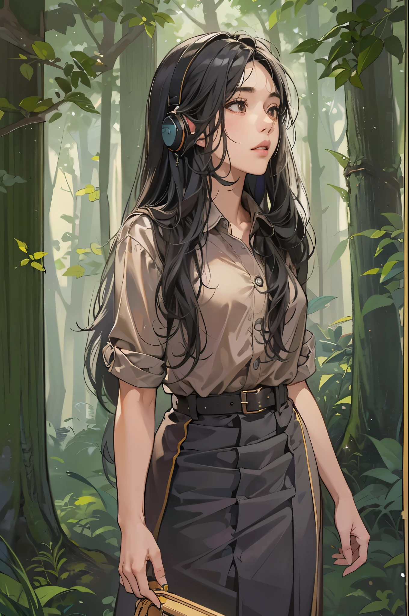 (absurdres, highres, ultra detailed, realistic, ), 1 18year-old,girl, solo, elegance, long black hair, ,brown eyes, earphone,forest background, ultra - detailed, best quality, Detailed diagram, vectorized, 8K, Graphic design, vector lines, Full-HD,full body