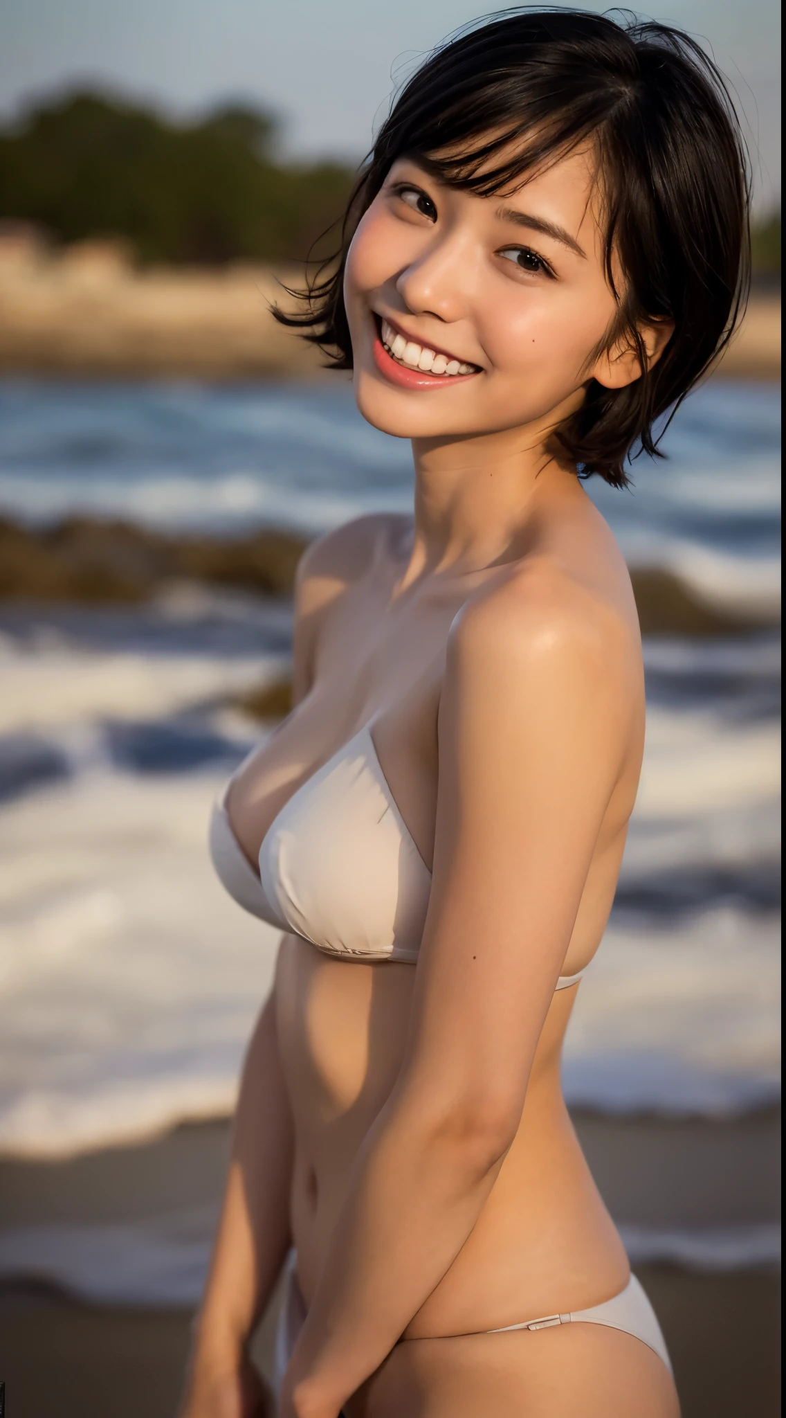 8K, (hyper reality: 1.35), (realistic: 1.4), 1 beautiful korean girl, smile, alone. light makeup, masterpiece, 最high quality, high quality, alone, No panties, No bra, Latin, puberty, only one girl, ((Completely naked!)) ,((No bra, No panties)),((perfect body)),((最high quality)),((Hola)),((very delicate and beautiful)),((Very shallow depth of field)), nffsw,((incredibly shallow depth of field)). be familiar with)), (((very delicate and beautiful)), (((Very shallow depth of field))), nffsw, (((incredibly absurd))), (((perfect body))), (((black hair )))) ))), (((short cut hair))), (((bobbed hair))), ((( Camera Eye)))), (((small ))), (((幸せな最高のsmile))), Poor, my + background, dynamic angle, female focus, {particles of light}, 詳細なbackground, ((paul hedley)), soft lighting, (dramatic) sunset), sunset, very beautiful sunset, live action, realistic, top angle, かわいいsmile, (blurred background), 18-year-old, skinny, ((Wind)), ((movement)), ((emotion)), ((colorful)), ((baby face)), ((beautiful teeth)), Wither, sea background