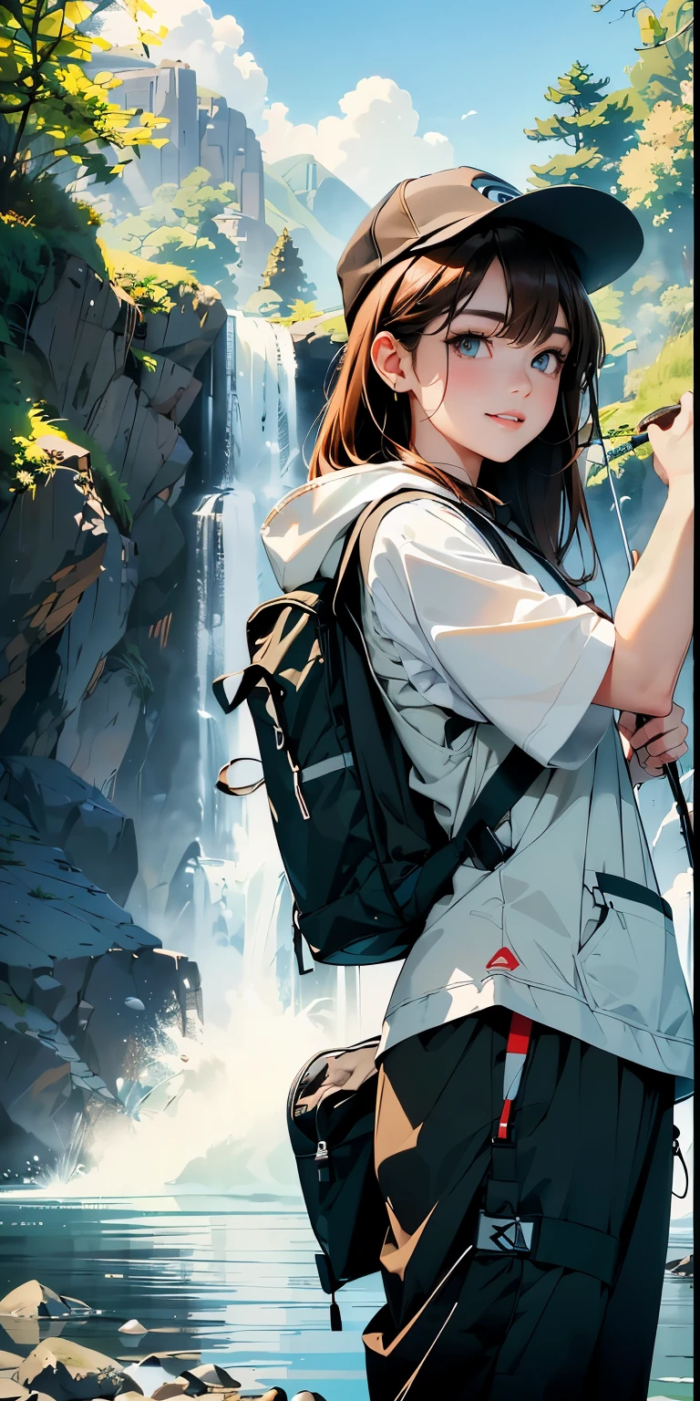masterpiece、High resolution 8K、sharp focus、contrast lighting、ultra high resolution、ultra high resolution、Detailed CG、Low - Angle、full body shot、Beautiful woman、beautiful eyes、(detailed face and iace:1 2)、narrow eyes、almond eye、brown eyes、gradation eye、highlight:1.2)、(beautiful reddish brown hair、long hair、asymmetrical bangs、(plump lips、glossy lips、 size) 、(oval face : 1.4)、(thin fingered arms、detailed human hand)、川でWoman Fishing、Beautiful and wide river、Flowing waterfall、rock surface、moss、forest、Mont、blue sky、Flowing clouds、vapor、mist、full body pose、Holding a fishing rod in your hand、Fishing lure rod、Outdoor Vest、hoodie、Waders、Long pants for fishing、Big backpack)、Point the fishing rod toward the water surface with both hands. I'm ready、Have a long fishing rod、Hold the fishing rod facing the water surface、Woman Fishing、naughty smile、teeth visible、Angle from the front、Standing in the river