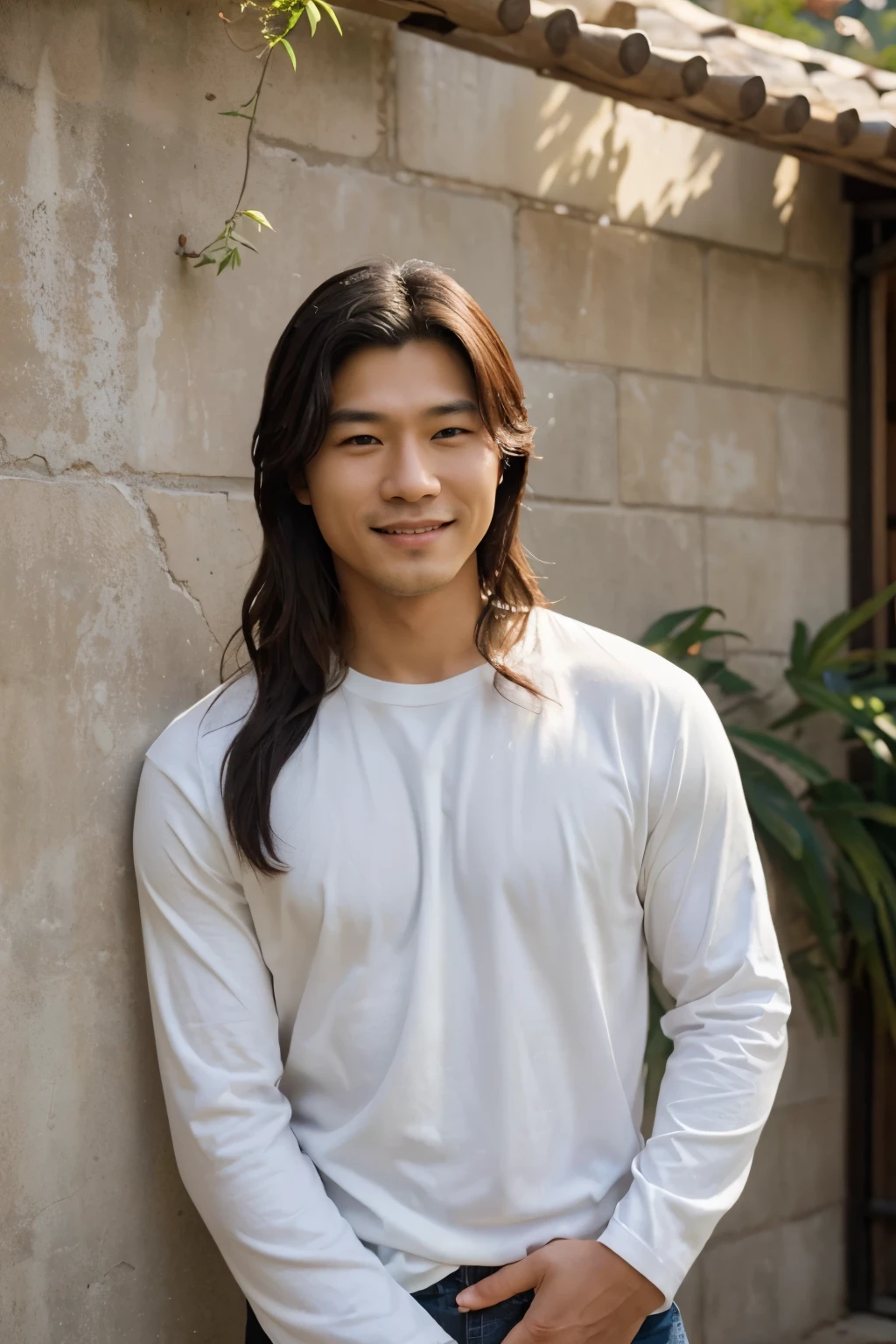 ((perfect photograph)), ((realistic)), ((8k)), (perfect face), handsome Asian man wearing a straight white long sleeve shirt, standing in front of the camera, leaning against a wall outside his house, lots of light, some plants, long wavy hair, smiling
