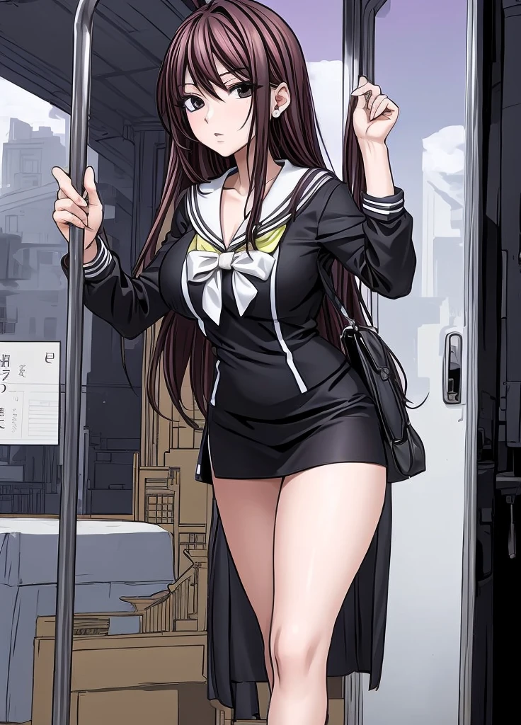 A beautiful woman with long, shoulder-length hair, big breasts, beautiful legs, and a sharp face is standing on a bus with middle-aged men in suits wearing a sailor suit with a black miniskirt.。