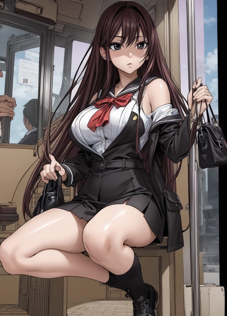 A beautiful woman with long, shoulder-length hair, big breasts, beautiful legs, and a sharp face is standing on a bus with middle-aged men in suits wearing a sailor suit with a black miniskirt.。