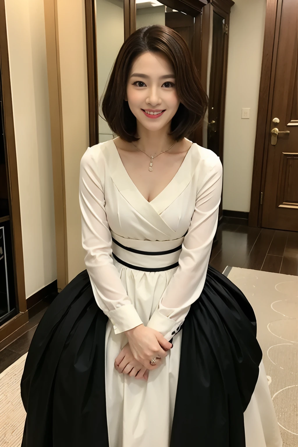 masterpiece,highest quality, crossdressing salon、man dressed as a woman、Rich makeup、Beautiful face of Japanese women、Actually a man、Black tight dress、wig、wigだと分かるman dressed as a woman