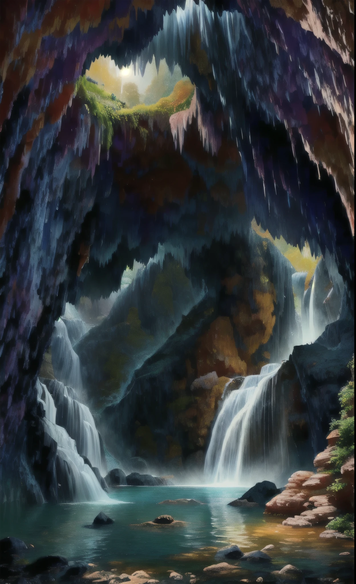 An underground world filled with various fruits,Waterfall pours from the top of the cave,Soft light illuminates the surroundings,The whole picture exudes a warm atmosphere with warm colors。