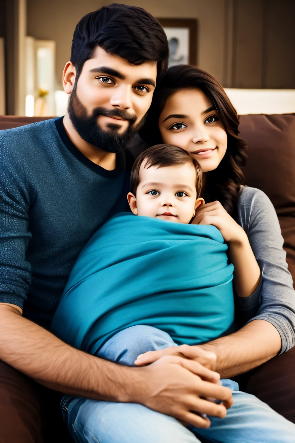 family father holding boy Mother sleeps warmly on her lap.