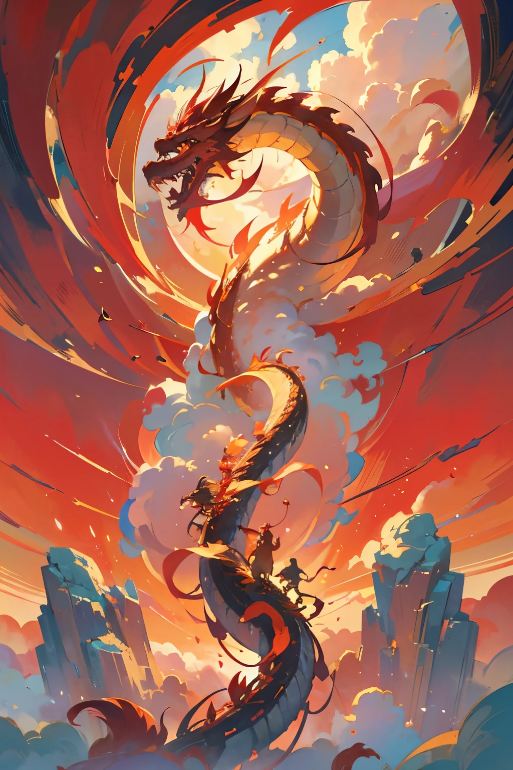 Year of the Dragon Poster,a chinese dragon,Chinese dragon rushes into the clouds,Rush to the golden sky,The Chinese dragon looks like a four-legged snake with beards, scales and horns.,Surrounded by clouds,腾云驾雾,Chinese-style illustration,Festive atmosphere,(best picture quality,4k,high resolution,masterpiece:1。 2)、Super fine、Bright colors、Traditional Chinese New Year atmosphere、red tint、Bright colors、high saturation、Auspicious meaning、Majestic composition、subtle shading、Atmospheric lighting display、Festive decorations、Golden sky、traditional architecture、Complex cloud and smoke effects、Vibrant brushstrokes、Auspicious red hue、mythical creatures、Festive atmosphere。