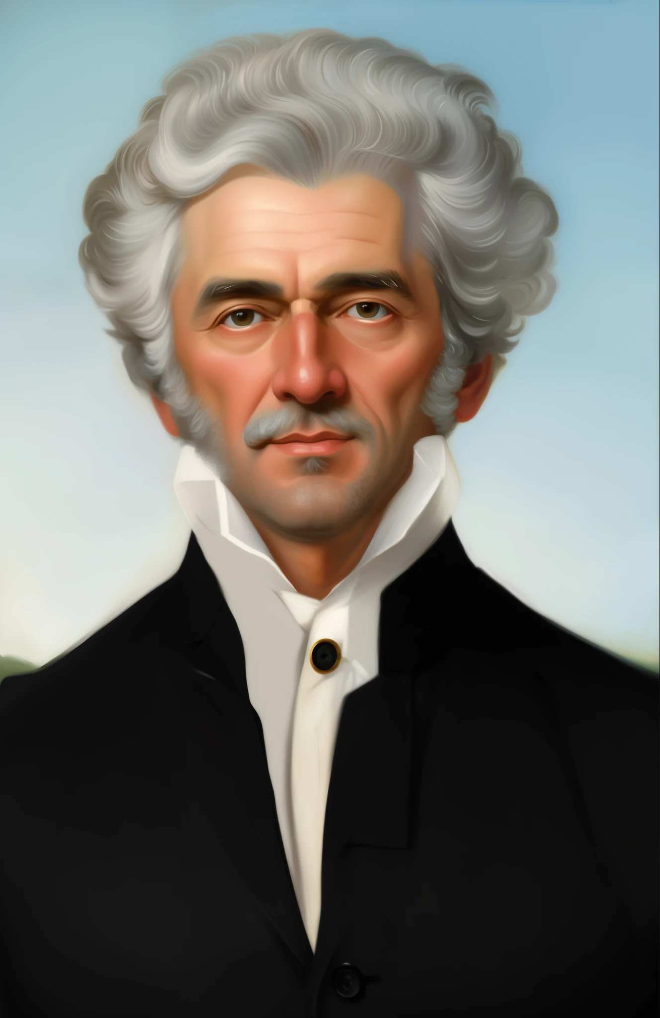 um close de uma pintura de um homem com uma peruca branca, inspirado em William Bonnar, inspirado em Henry Raeburn, inspirado em Gilbert Stuart, pintado digitalmente, retrato pintado centrado no lado, inspirado em George Caleb Bingham, inspirado em Balcomb Greene, Estilo Gilbert Stuart, inspirado em Thomas Doughty, historic portrait, inspirado em John Frederick Herring, Ir..