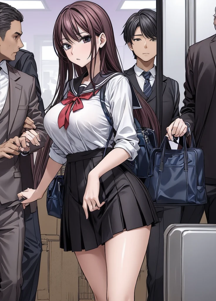 A beautiful woman with shoulder-length hair, big breasts, beautiful legs, and a sharp face is standing in a crowded train with middle-aged men in suits wearing a sailor uniform with a black miniskirt.。