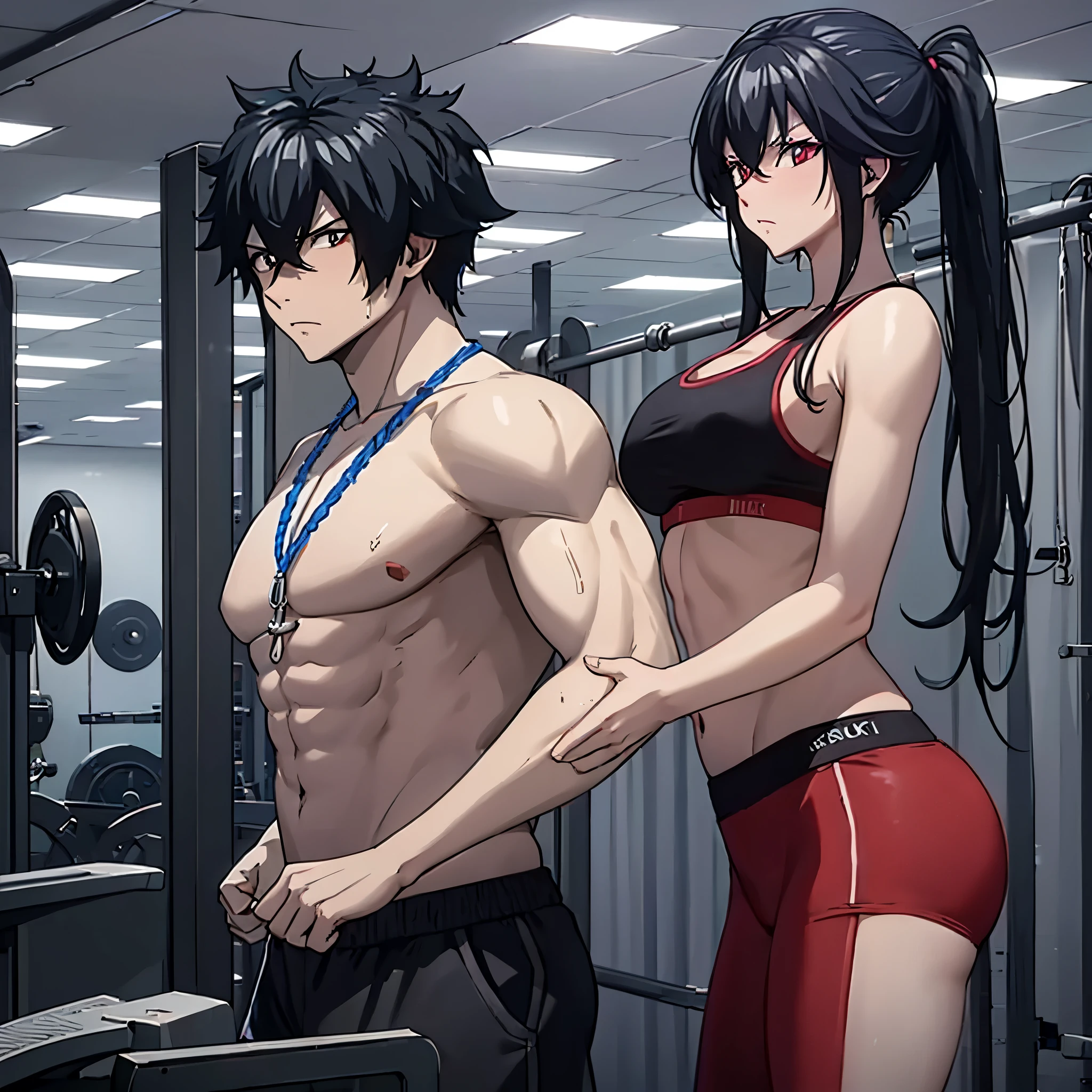 a man and a woman(eye red ) in a gym working out in gym clothes in a fitness gym.
