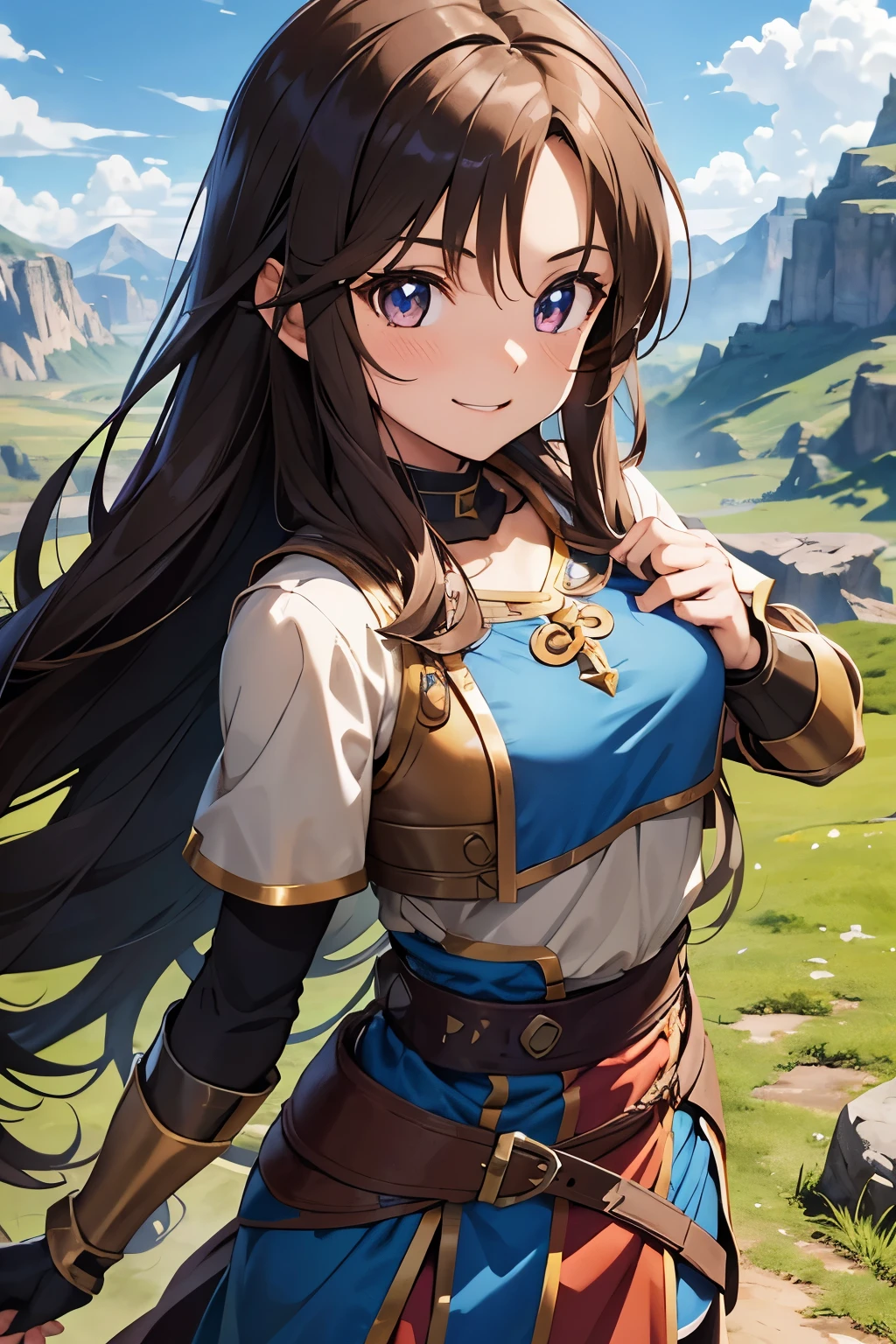 Long-haired girl，Rugged mountains，brown hair with brown pupils，anime style 4k，armor，bust photo, smile,emphasizes the chest,have a sword,Dragon Quest Wind,Mole on the mouth