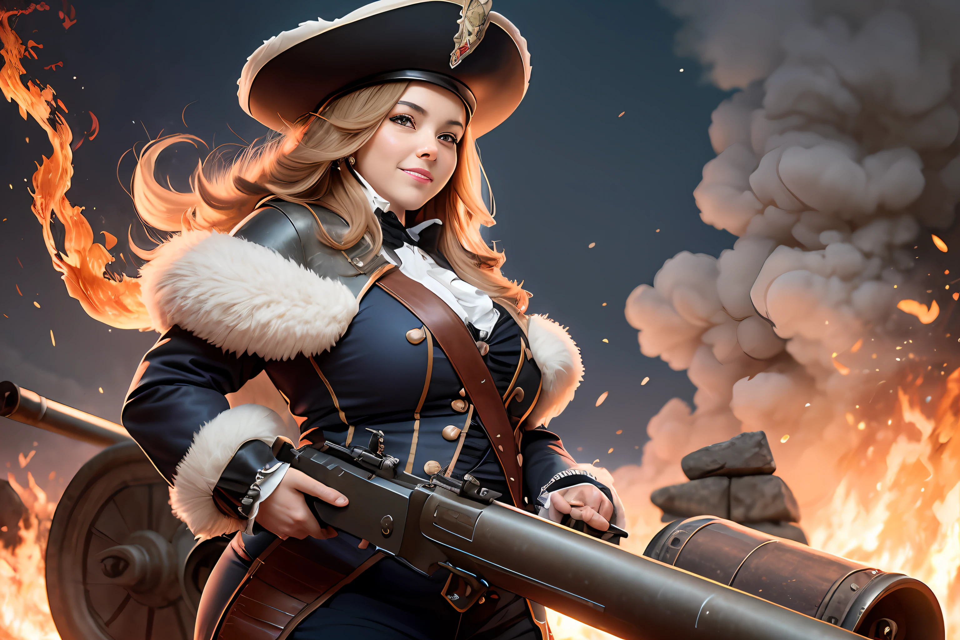 dynamic scene. 1600s. France. ruined stone fortress. Funny plump Musketeer - Loading a big cannon - a gun on wheels, and aiming a gun at a target, a sly squint with a smile on his face. Medium portrait in feathered hat and uniform with accessories, professional photography, still from Disney movie, blurred fantasy background, lots of smoke and fire, sparks, 64K --auto --s2