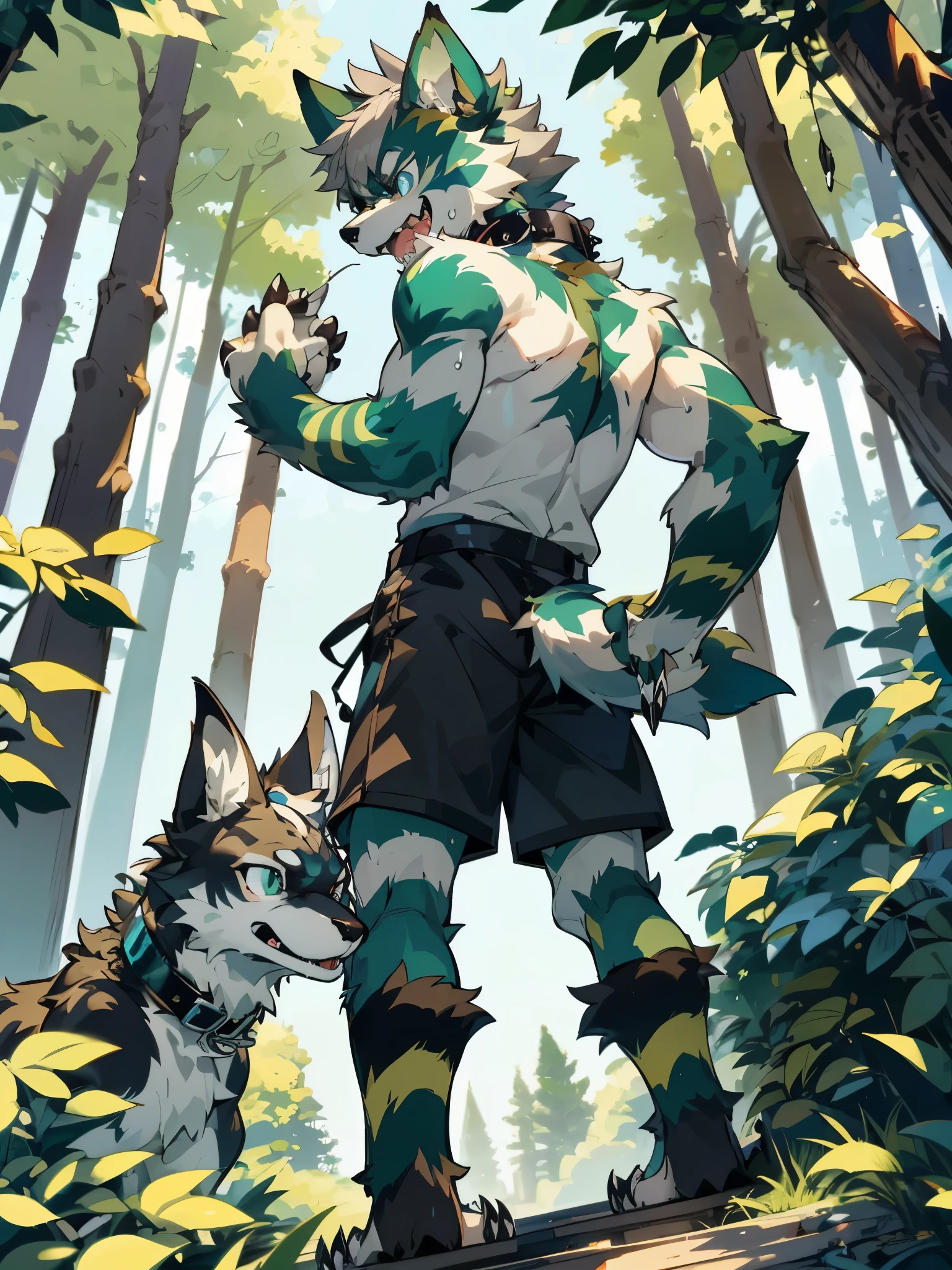 eyes with brightness, in a panoramic view, Character focus ，Full body like，独奏, shaggy, Furry male wolf， Black fur for men, blue color eyes, Gray hair(The long），Bare body，Black shorts（Green stripes），In the forest，Stand on the steps，Handsome， There are lizard tails，Bust，drools，Collar，having fun，Turn Back，Reveal cute beast claws，Sweat，sportrait,, dynamic angle，Sharp claws