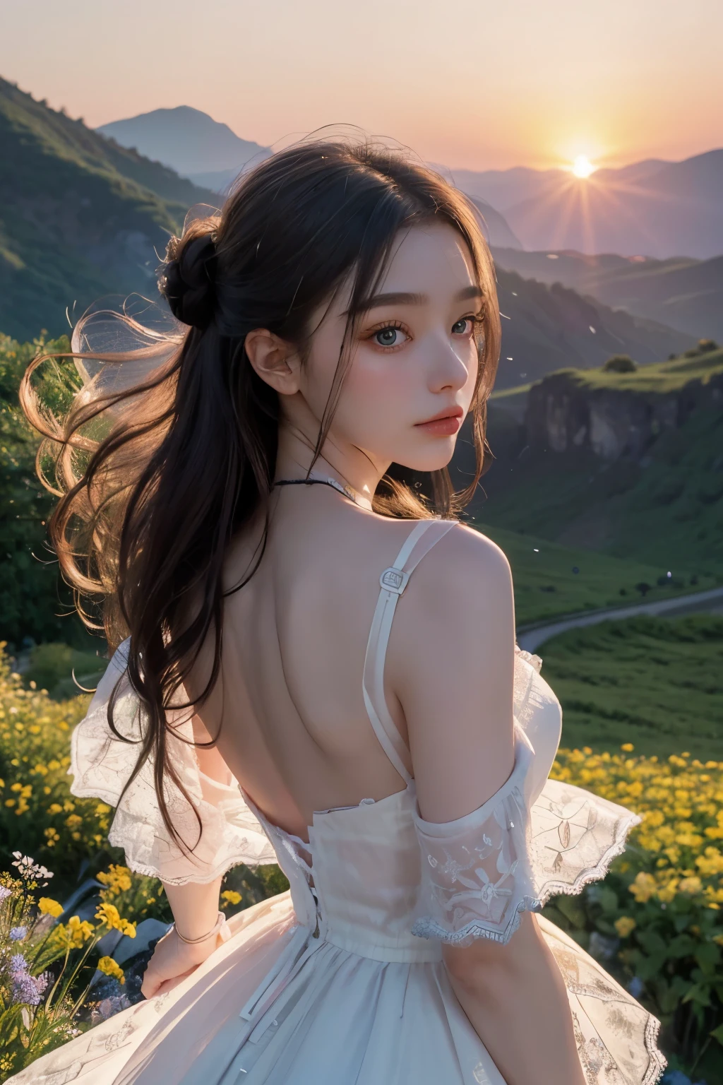 masterpiece, best quality, night, hill, clouds, full moon, long hair, woman, silhouette, fireflies, looking at viewer, medium breast,drunk blush , full clothes, luxury clothes 