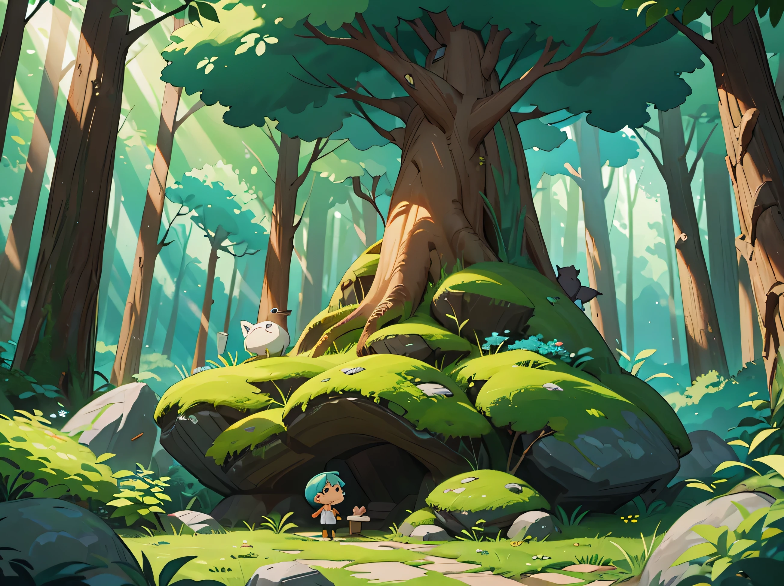 Deep in the woods, tree, rock formations, shade, bright atmosphere, 동글동글한 tree, cute atmosphere, 키작은 tree들