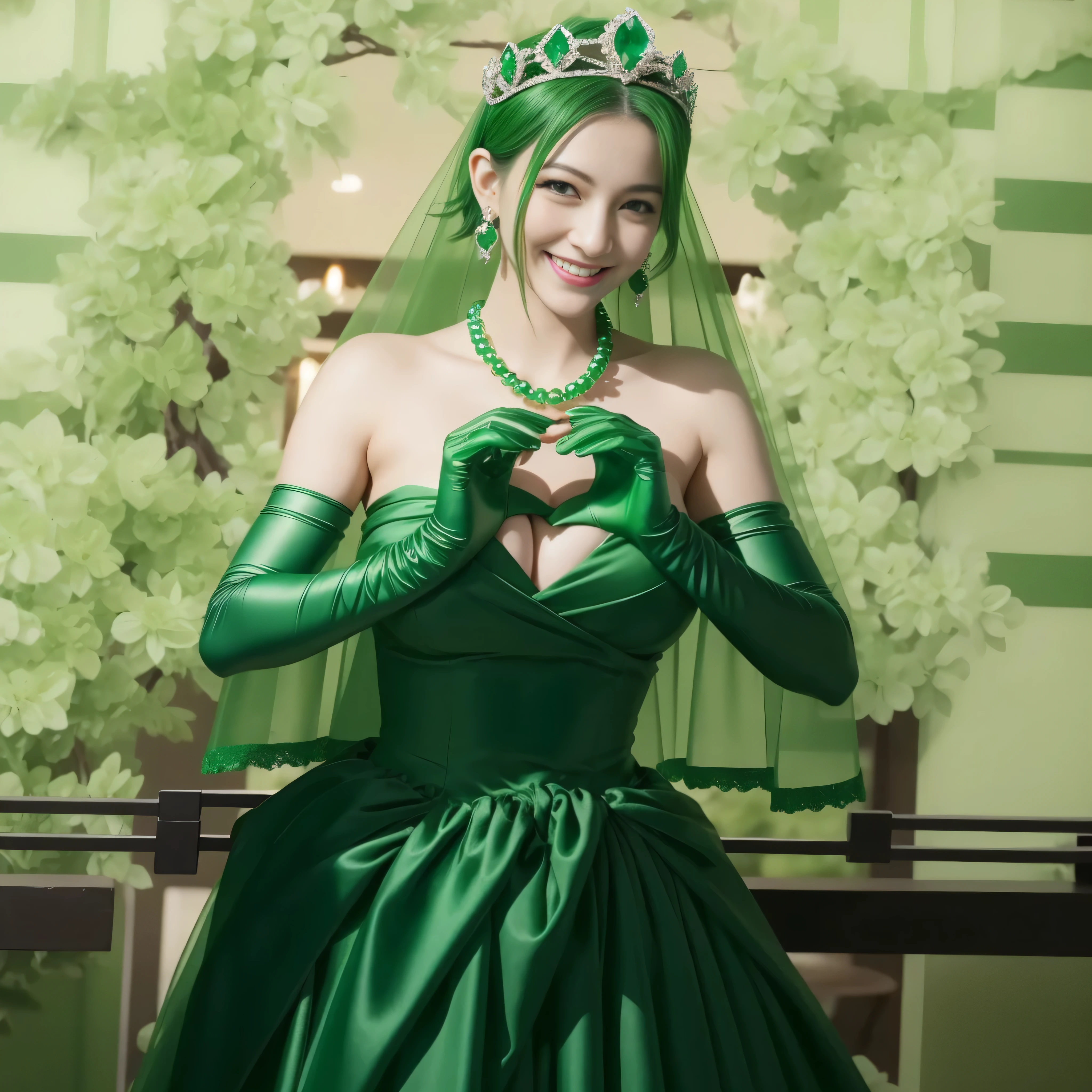 emerald tiara, green pearl necklace, ボーイッシュな非常に短いgreen hair, lipstick, smiling Japanese woman, very short hair, Beauty with large breasts, green eyes, Long Green Satin Gloves, green eyes, emerald earrings, green veil, heart with both hands, green hair