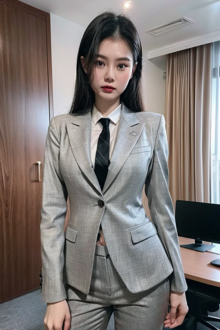 (8k, RAW photos, top quality, masterpiece: 1.2,(Best quality, 8k, 32k, Masterpiece, UHD:1.2), 1girl, asia, (25 year old), narrow waist, grey suit, front, suit body, pants, office room, 