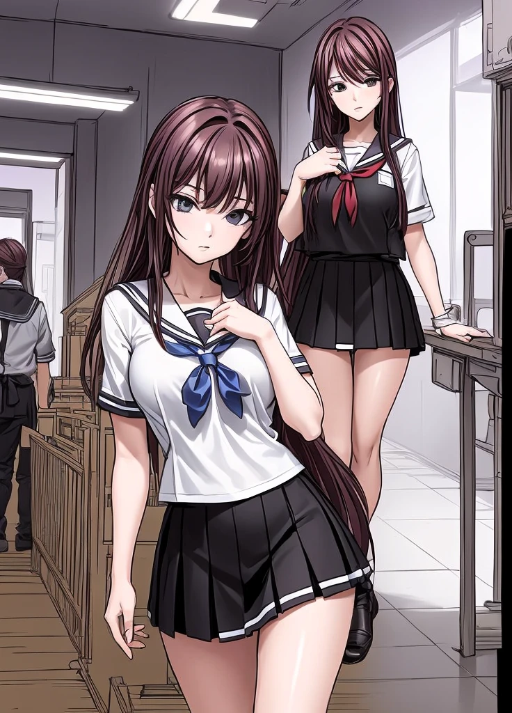 A beautiful woman with long, shoulder-length hair, big breasts, beautiful legs, and a sharp face is standing in the school hallway wearing a sailor suit with a black miniskirt.。