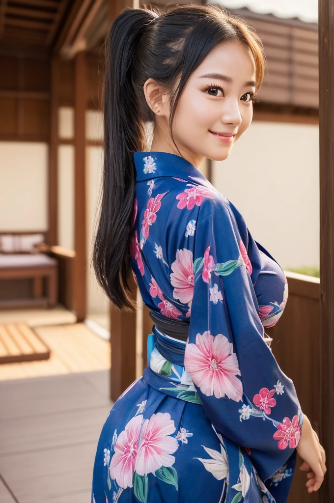 ((Best quality, 8k, Masterpiece :1.3)), 1girl, festival, round face, Pretty woman,Huge breasts,High Ponytail,From Behind,Moonlight,Half Smile,yukata,Ultra-detailed face,Leaning Forward, cute eyes, Double eyelid