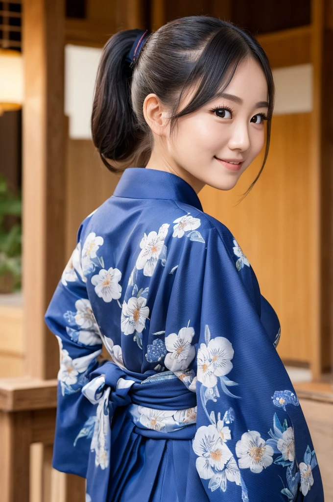 ((Best quality, 8k, Masterpiece :1.3)), 1girl, festival, round face, Pretty woman,Huge breasts,High Ponytail,From Behind,Moonlight,Half Smile,yukata,Ultra-detailed face,Leaning Forward, cute eyes, Double eyelid