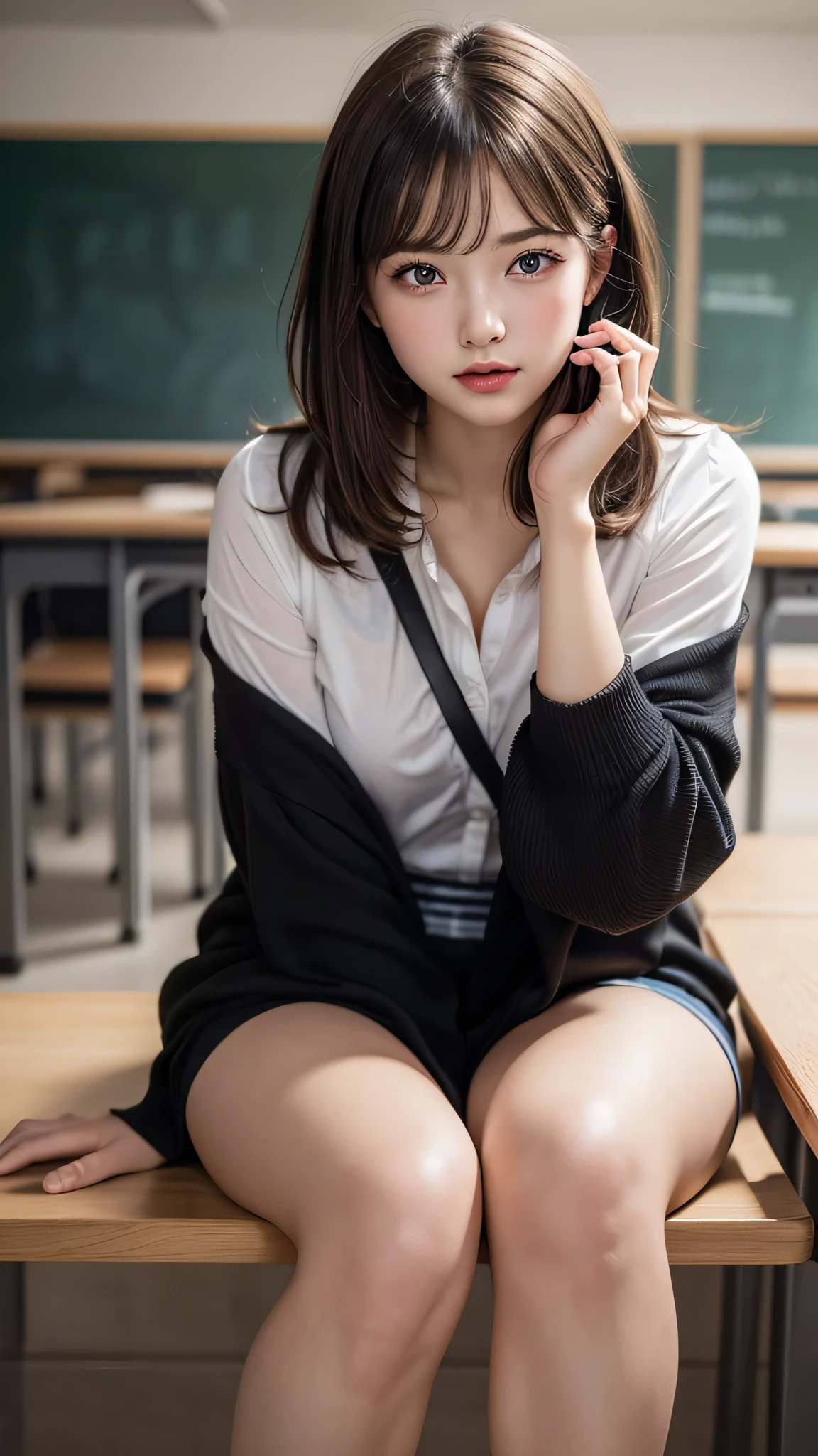 ((1girl)), ((Best Quality)), (Ultra-detailed), (extremely detailed CG unified 8k wallpaper), Highly detailed, High-definition raw color photos, Professional Photography, Peanut butter brown hair, Amazing face and eyes, Pink eyes, (amazingly beautiful girl), School, cameltoe, sitting, (legs wide open),