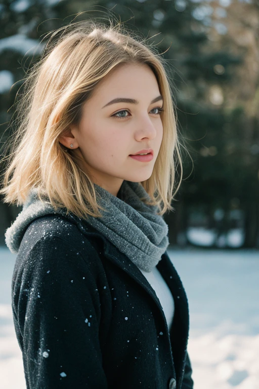 analog raw candid photo of a beautiful young woman, realistic skin texture, dirty blonde hair, slim, (closed mouth:1.1), ??????, relaxed, haze lighting, winter, snow, 35mm.slim body