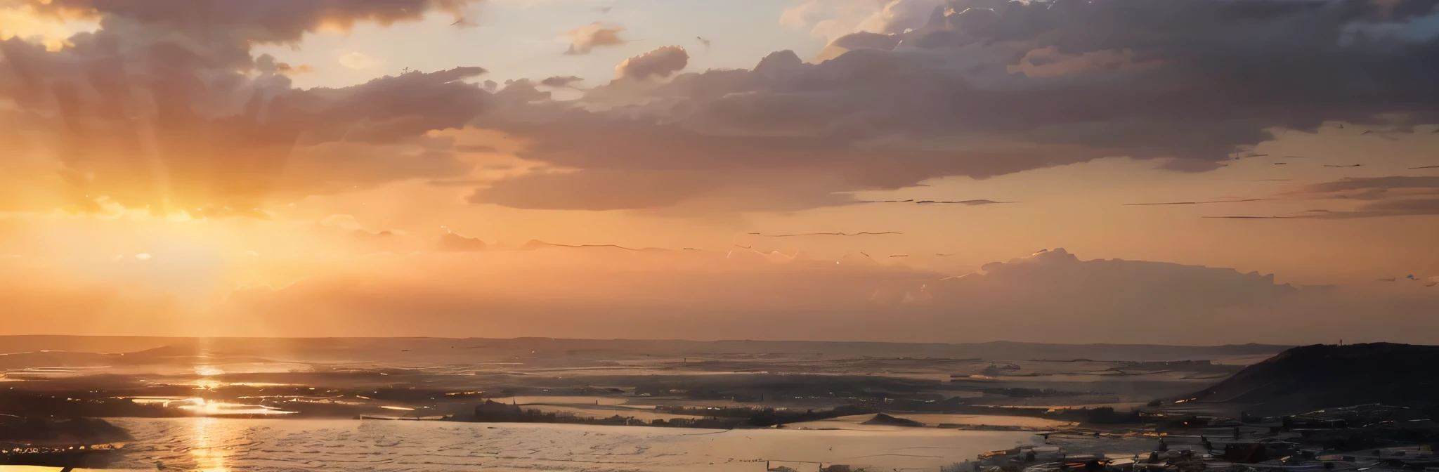 Sunset,16k, masterpiece, Microclouds, ((Sunset scene)),Create a panoramic landscape, stunning sky,best quality,Photo actual, masterpiece, 超high resolution,Detailed background,actual, film light, extremely delicate and beautiful, Astonishing, fine details, masterpiece, Super detailed, high resolution, Best Illustration, best shadow, complex, depth of field,high contrast