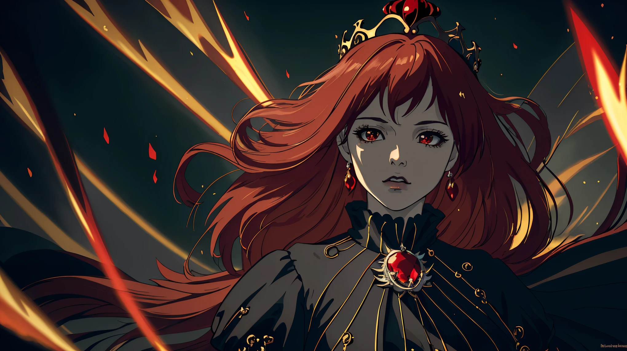 8K resolution，highest quality，Ultra-clear details，Queen，goth style，red hair，Epic composition，Light and dark，masterpiece，grace，Fairy temperament，Shocked，high contrast,untidy:1.4，,crown