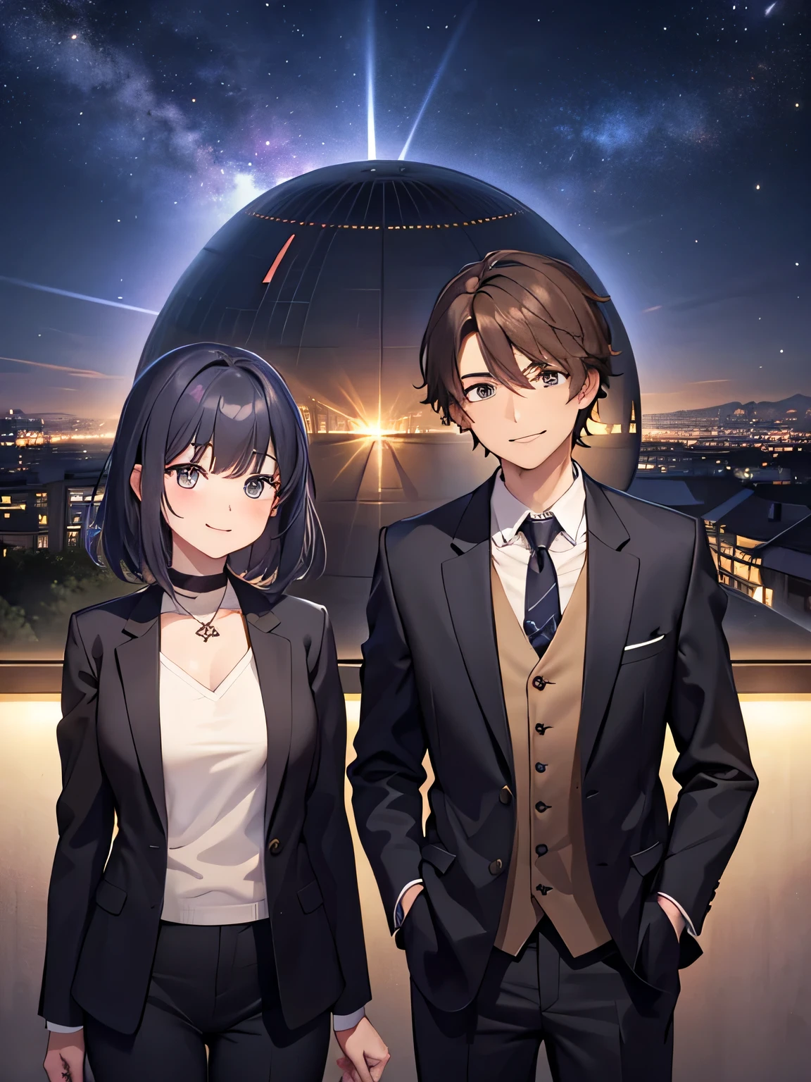 (1) there is a couple, men and women, And the two of them are looking at the night view together..
(2) the woman is wearing a suit、Hair is medium.
(3) Man is wearing a suit.
(4) both are laughing.
(5) The place is an observatory where you can see the night view.