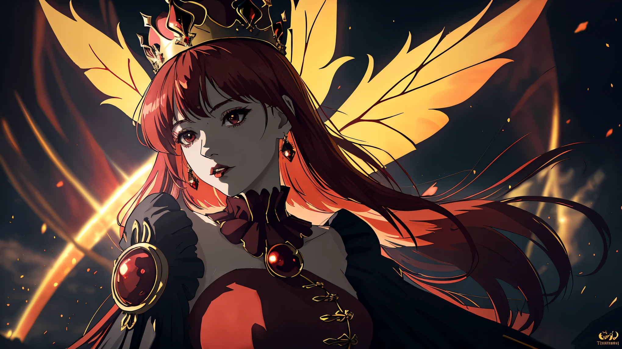 8K resolution，highest quality，Ultra-clear details，Queen，goth style，red hair，Epic composition，Light and dark，masterpiece，grace，Fairy temperament，Shocked，high contrast,untidy:1.4，,crown